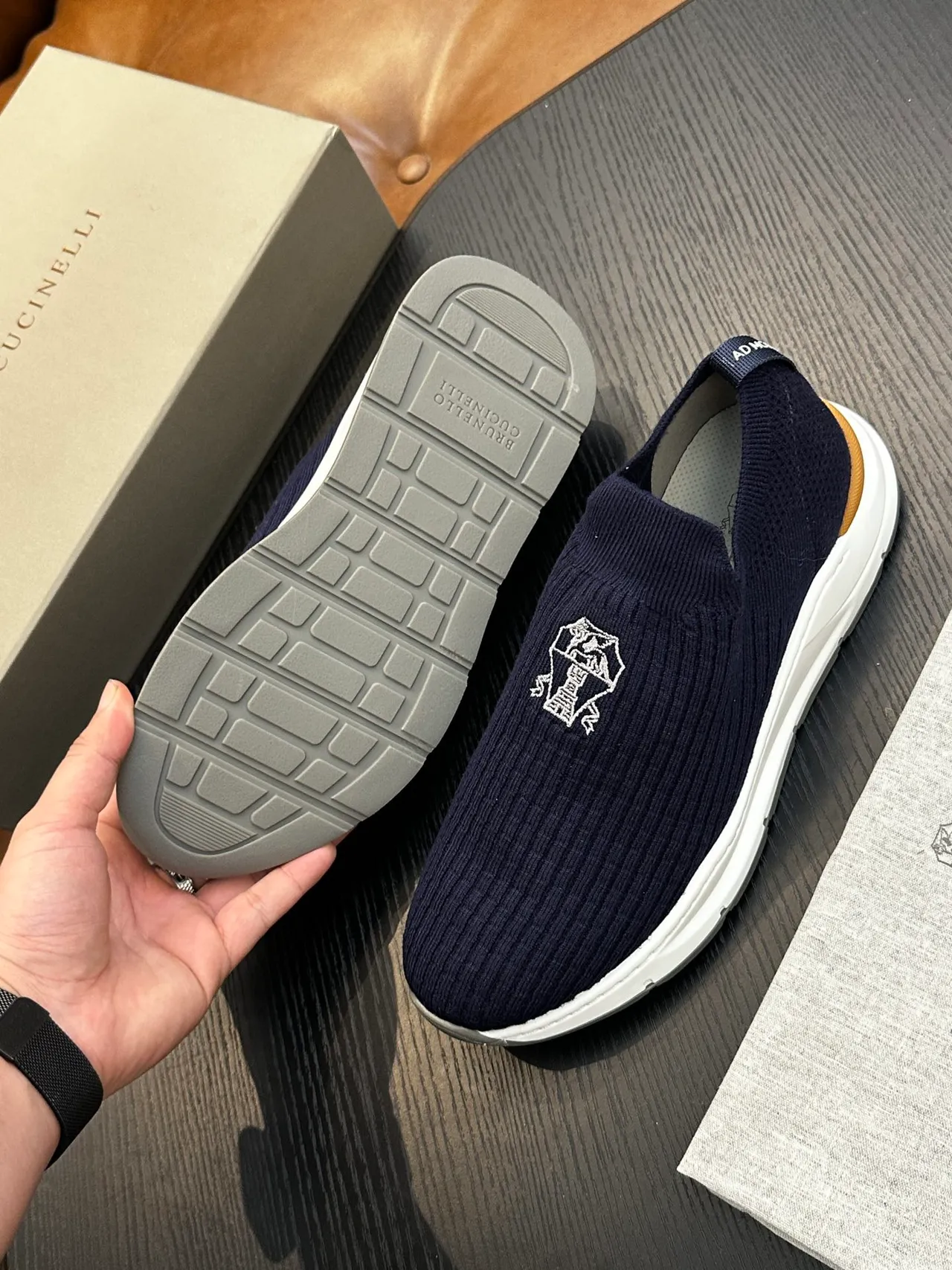 Brunello Cucinelli Navy Ribbed Knit Slip-On Casual Shoes 9