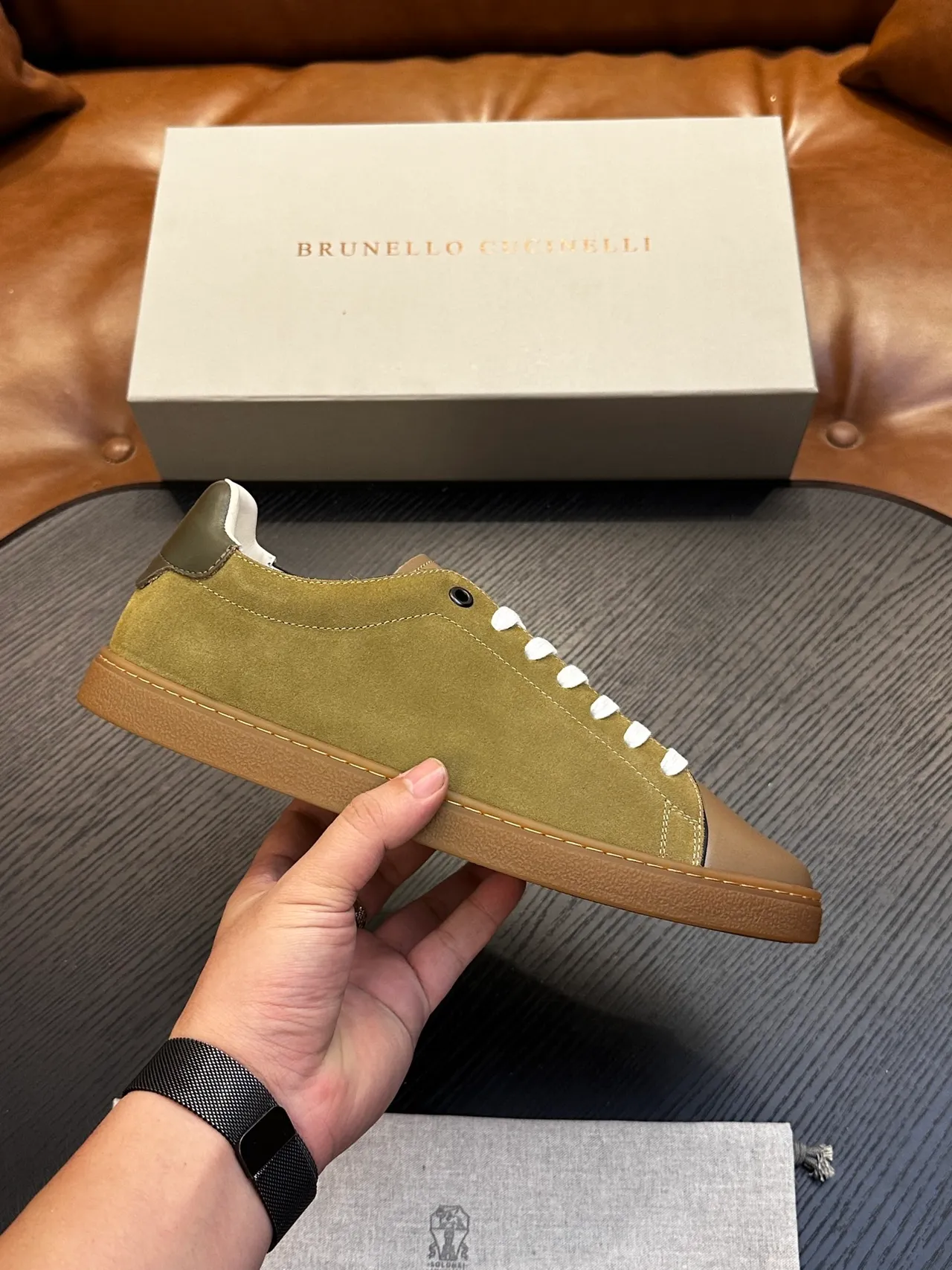 Brunello Cucinelli Olive Green Suede and Tan Leather Lace-Up Casual Shoes 2