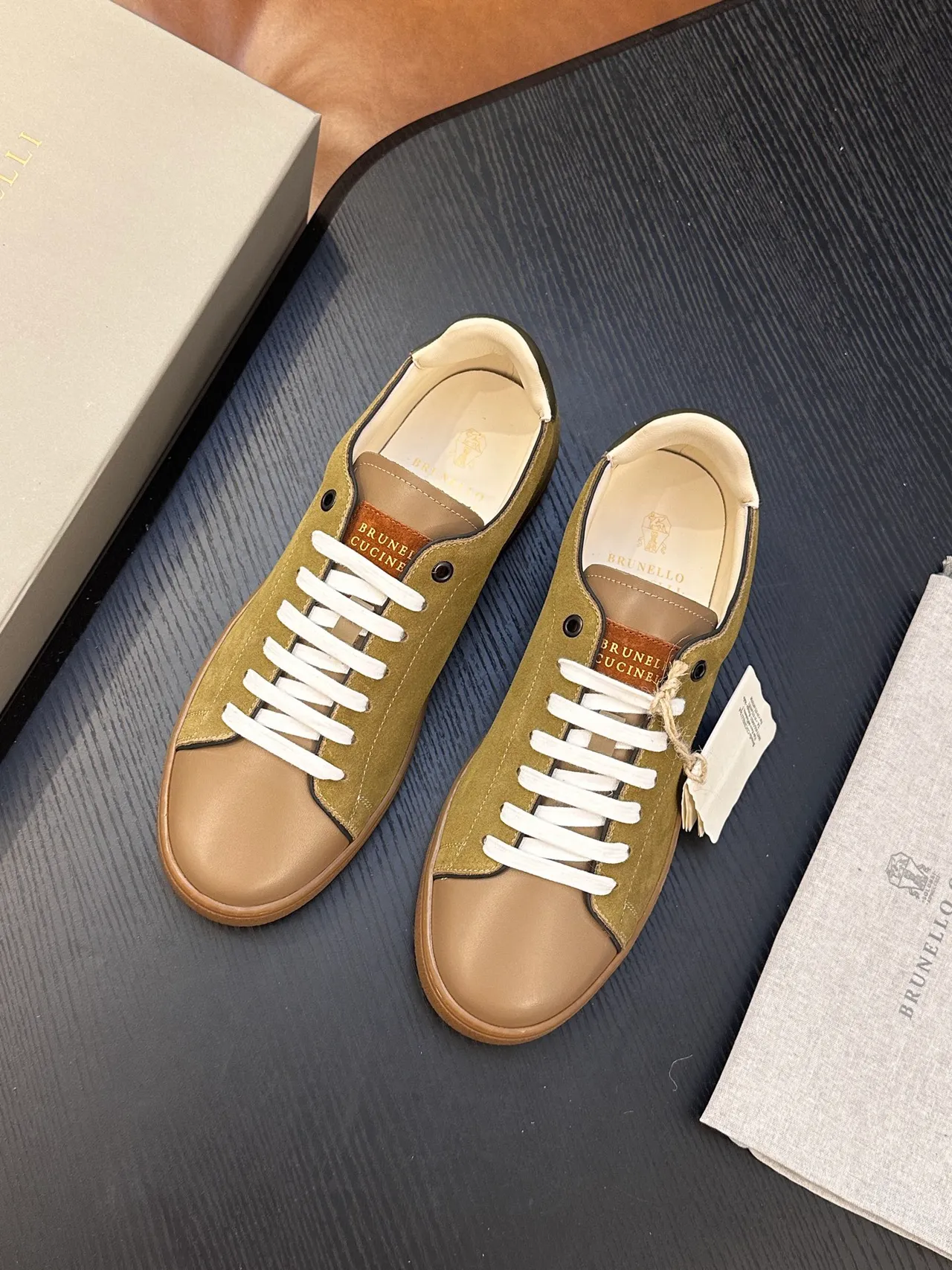 Brunello Cucinelli Olive Green Suede and Tan Leather Lace-Up Casual Shoes 3