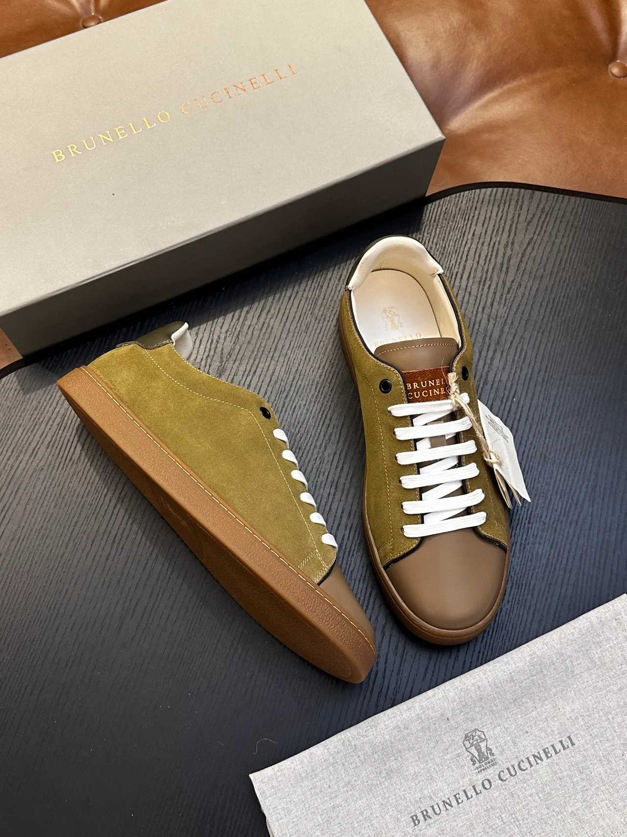 Brunello Cucinelli Olive Green Suede and Tan Leather Lace-Up Casual Shoes 4