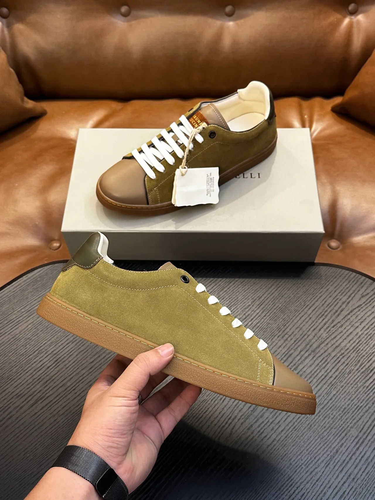Brunello Cucinelli Olive Green Suede and Tan Leather Lace-Up Casual Shoes 5