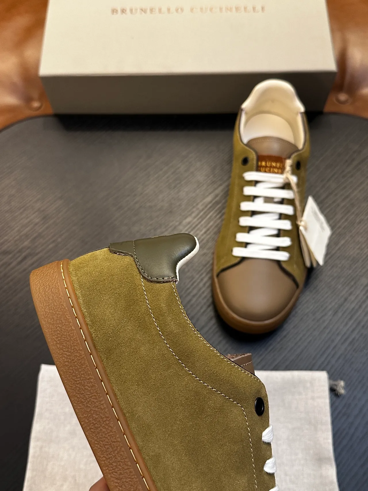 Brunello Cucinelli Olive Green Suede and Tan Leather Lace-Up Casual Shoes 7