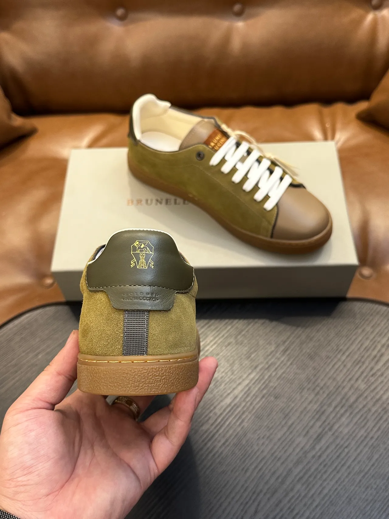 Brunello Cucinelli Olive Green Suede and Tan Leather Lace-Up Casual Shoes 8