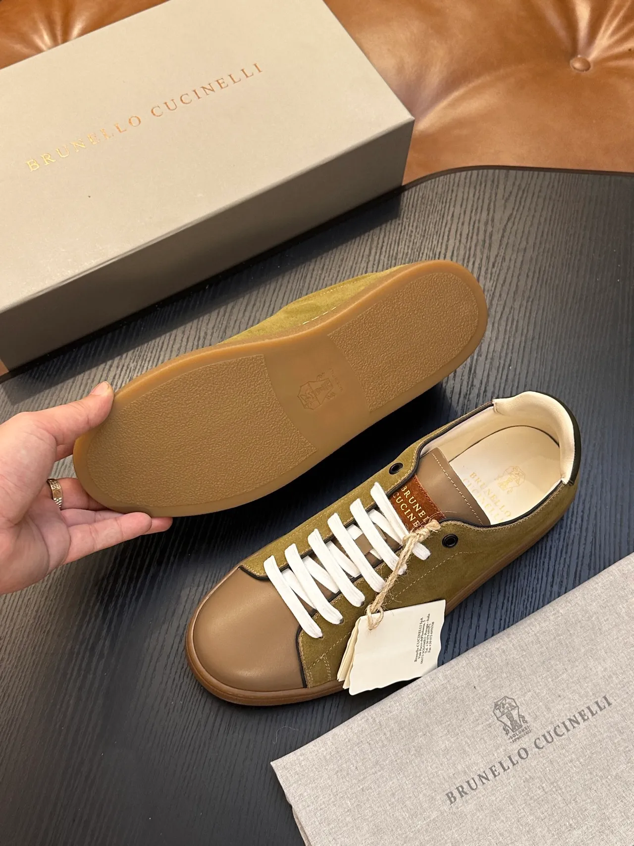 Brunello Cucinelli Olive Green Suede and Tan Leather Lace-Up Casual Shoes 9