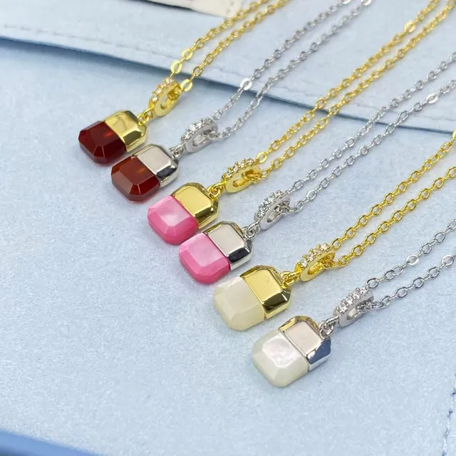 Burgundy Gold Faceted Rectangular Pendant Two-Tone Metal Setting Necklace 2