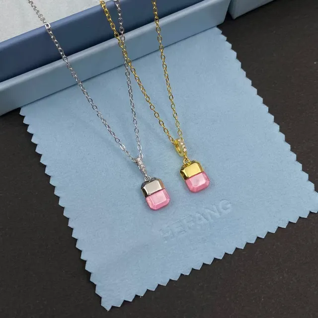 Burgundy Gold Faceted Rectangular Pendant Two-Tone Metal Setting Necklace 9