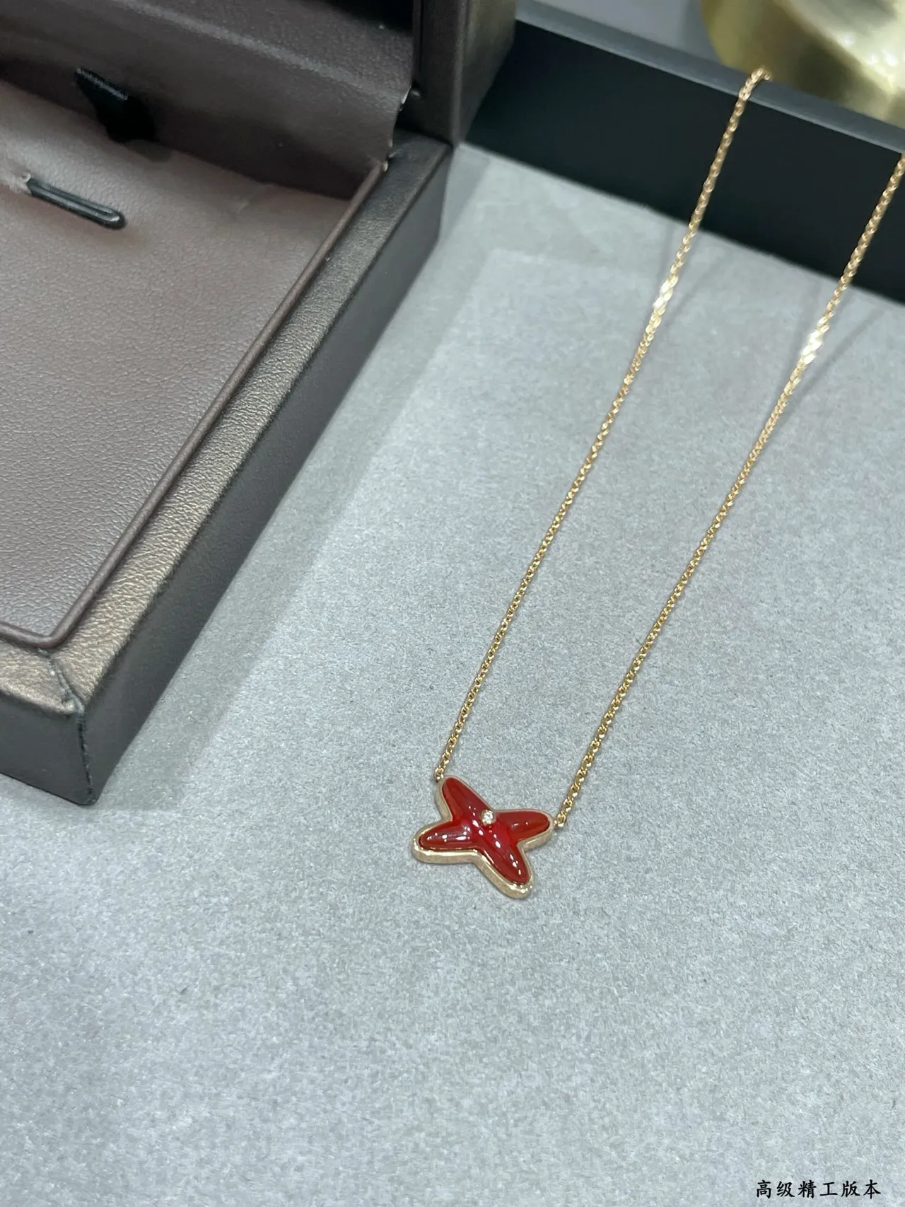 Burgundy Gold X-Shaped Pendant Enamel-Filled Necklace 3