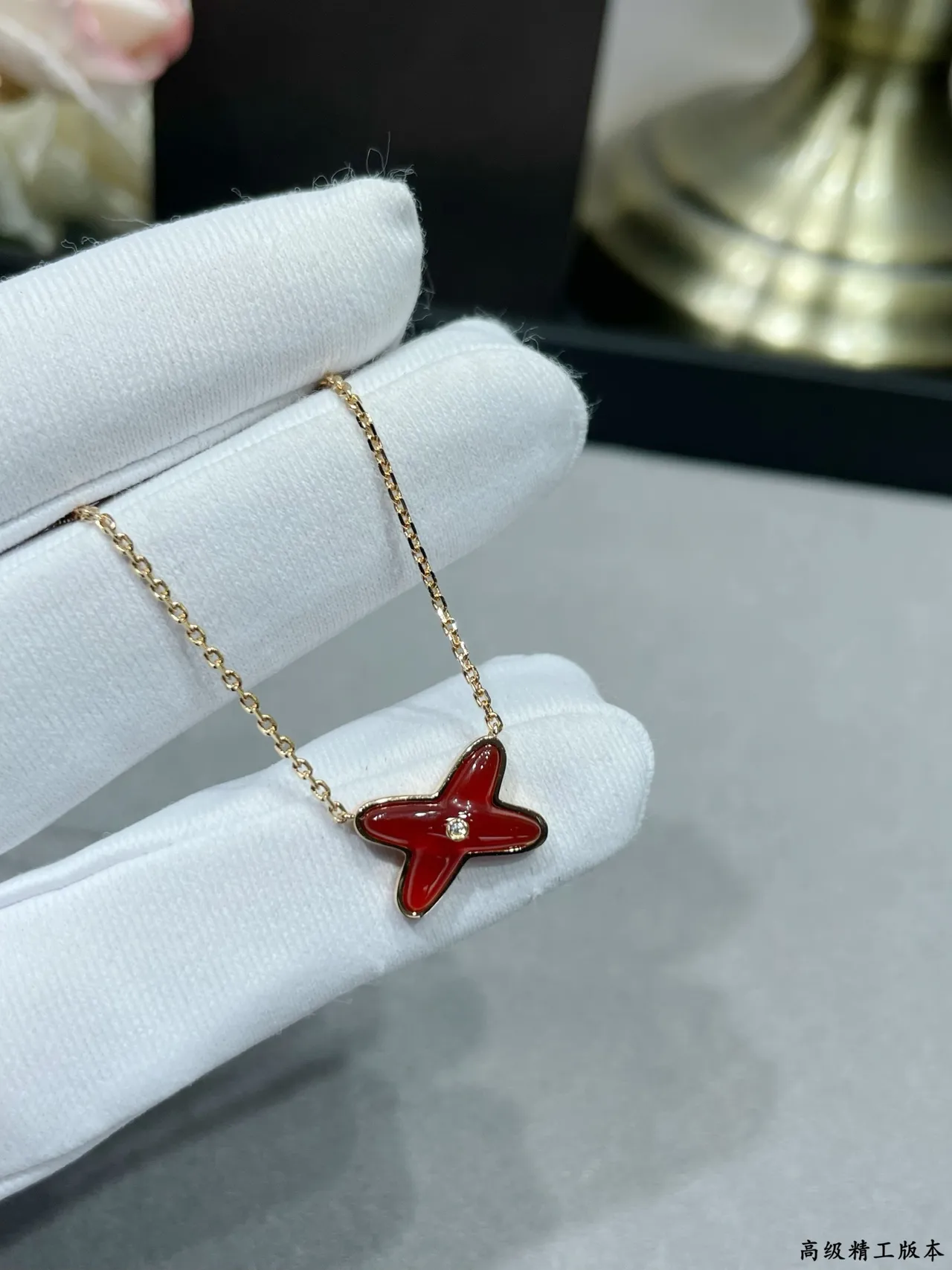 Burgundy Gold X-Shaped Pendant Enamel-Filled Necklace 4