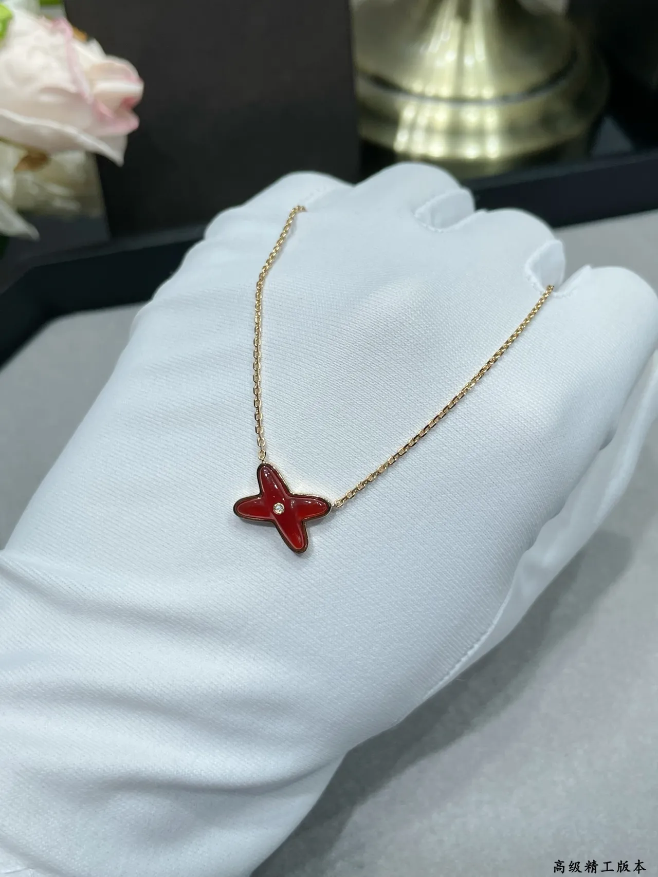 Burgundy Gold X-Shaped Pendant Enamel-Filled Necklace 5