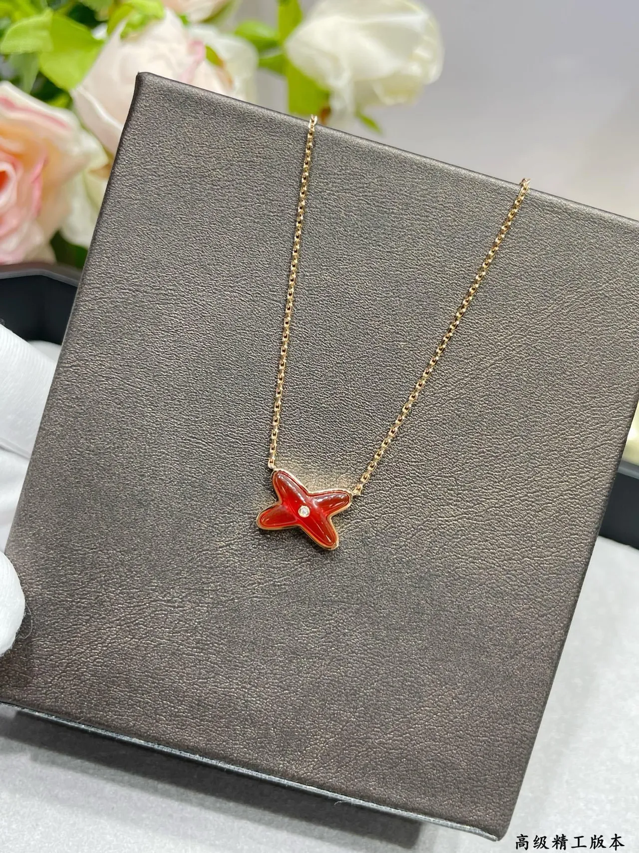 Burgundy Gold X-Shaped Pendant Enamel-Filled Necklace 6
