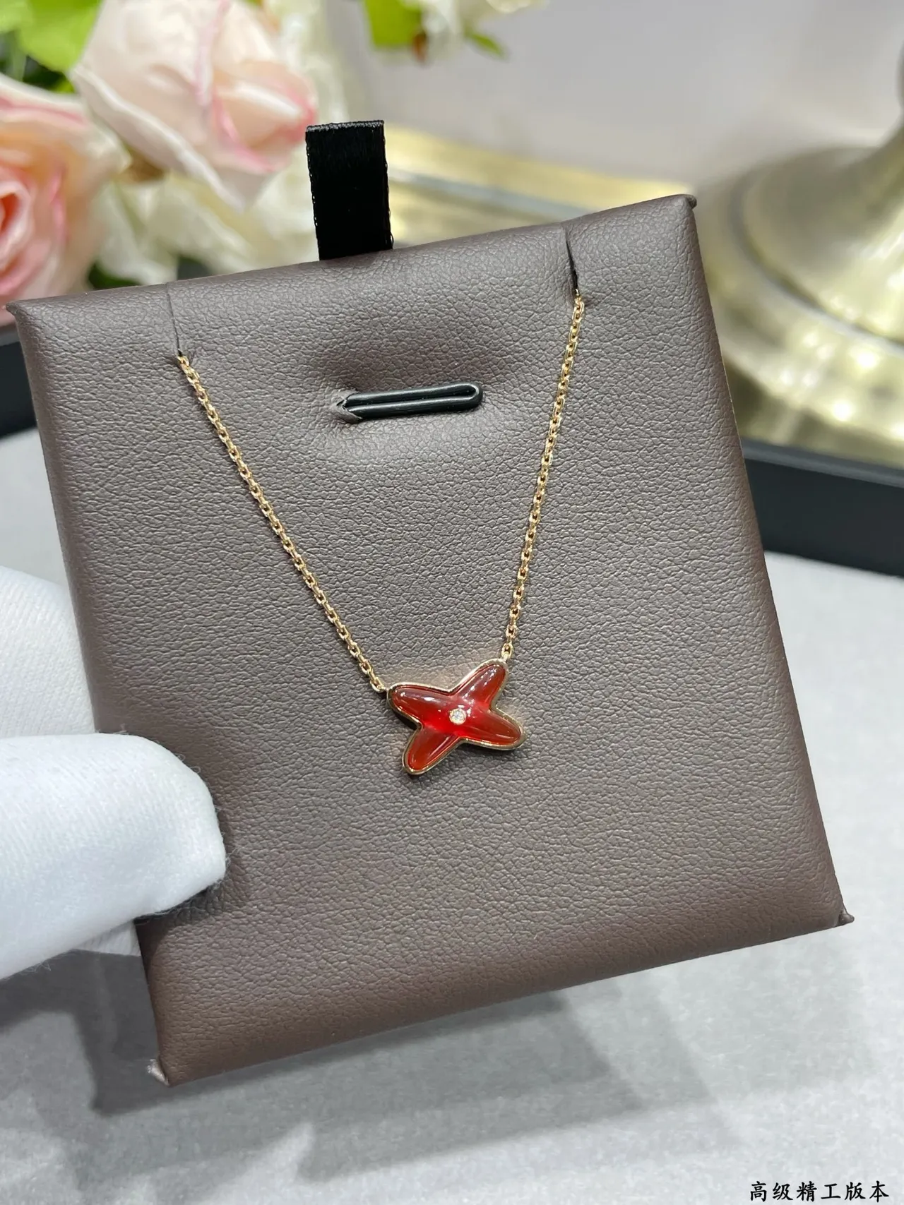 Burgundy Gold X-Shaped Pendant Enamel-Filled Necklace 7