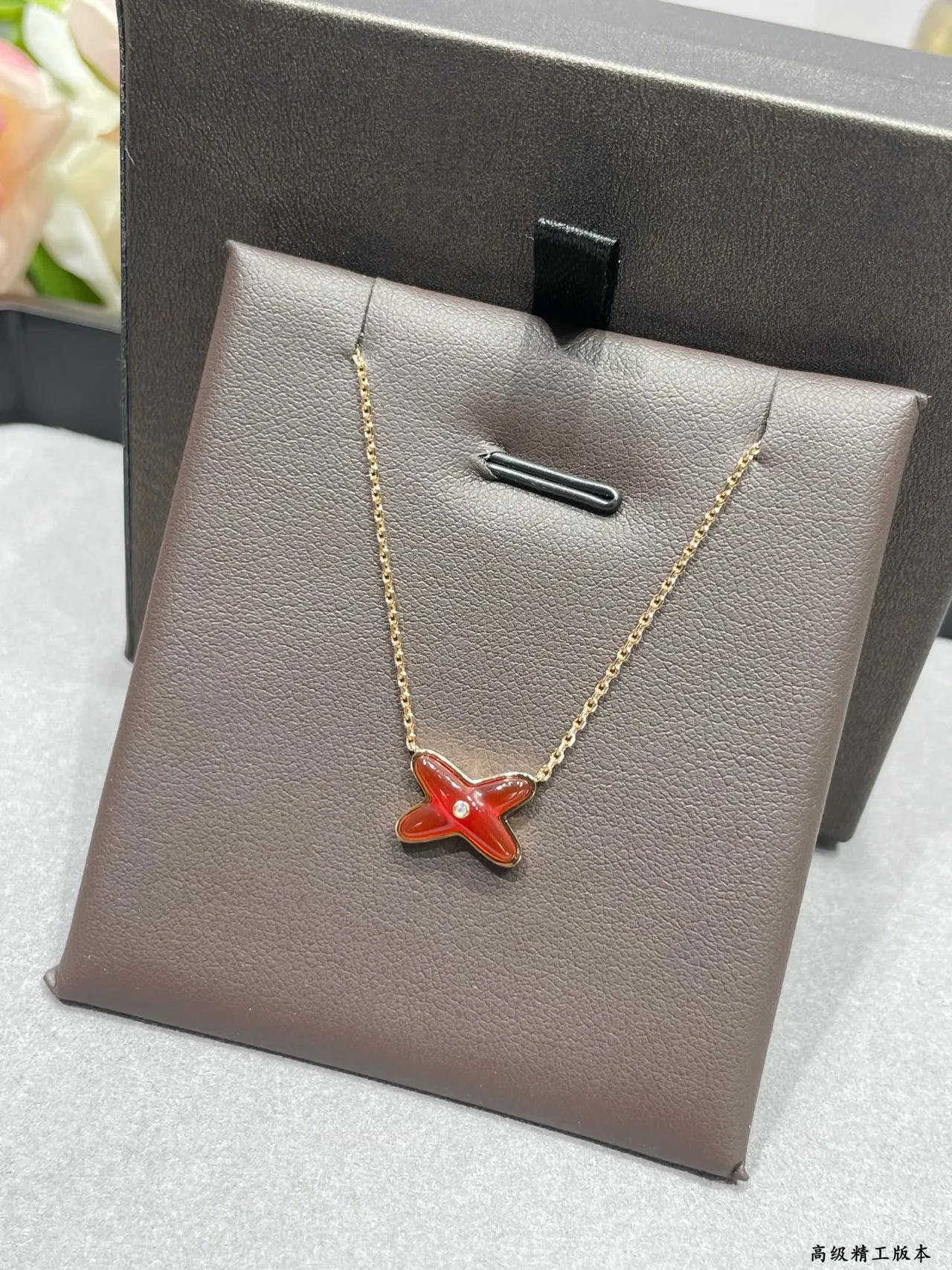 Burgundy Gold X-Shaped Pendant Enamel-Filled Necklace 8