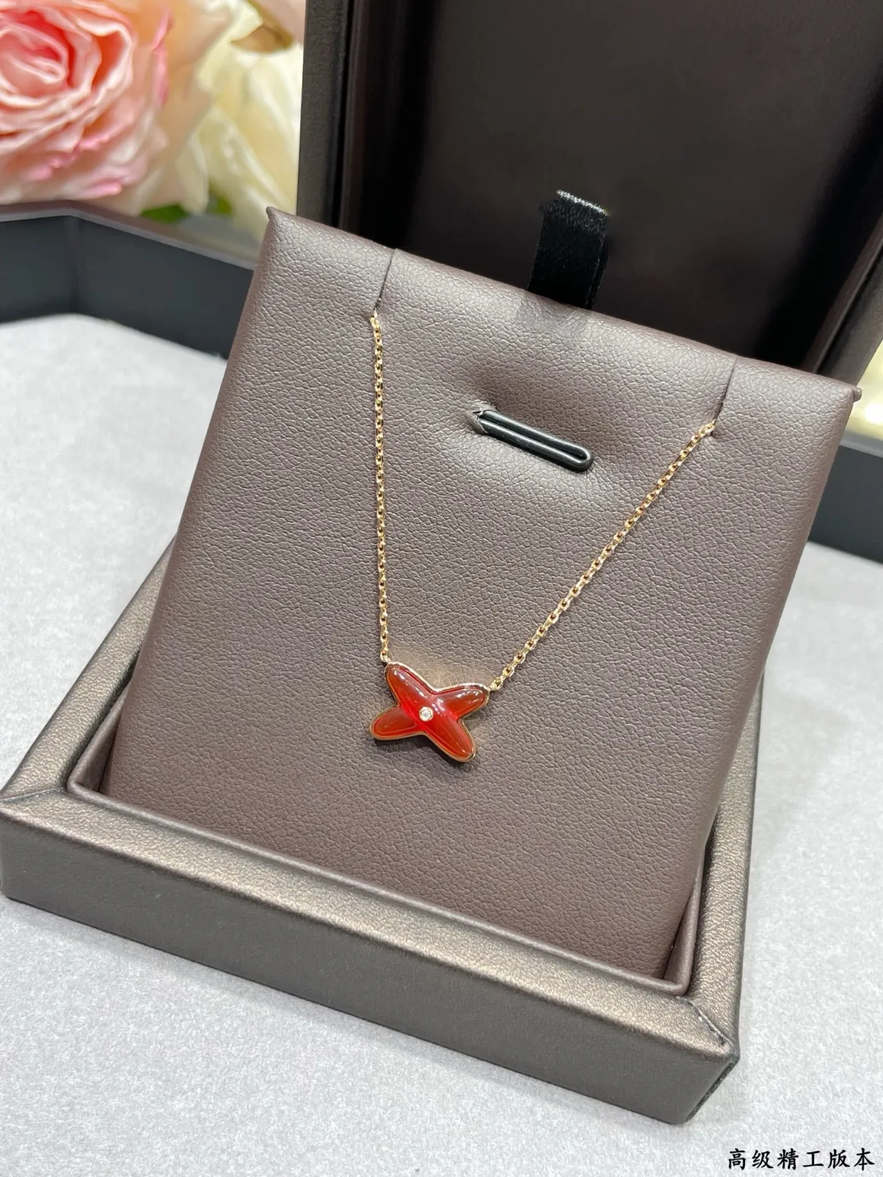 Burgundy Gold X-Shaped Pendant Enamel-Filled Necklace 9