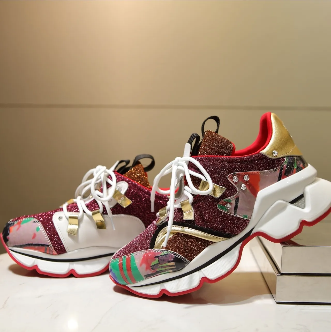 Burgundy Multicolor Glitter Upper Abstract Print Chunky Sneakers 1
