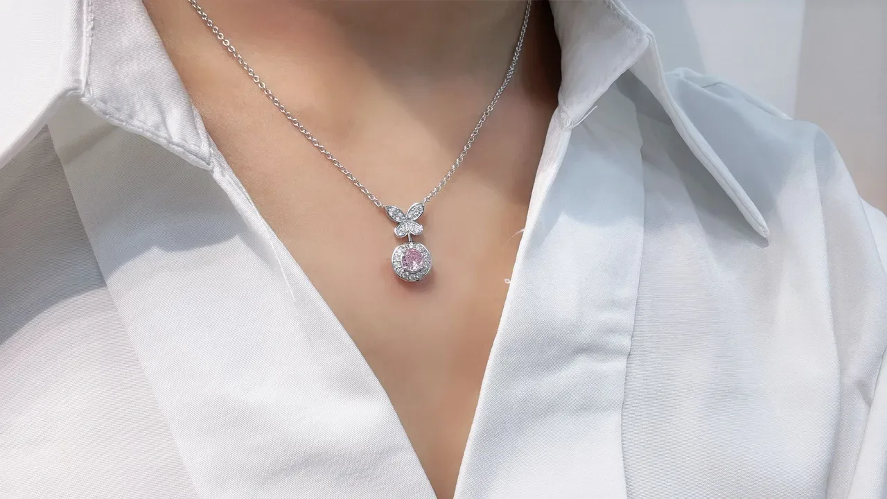 Butterfly Motif Pavé Halo Round Pendant Necklaces 2