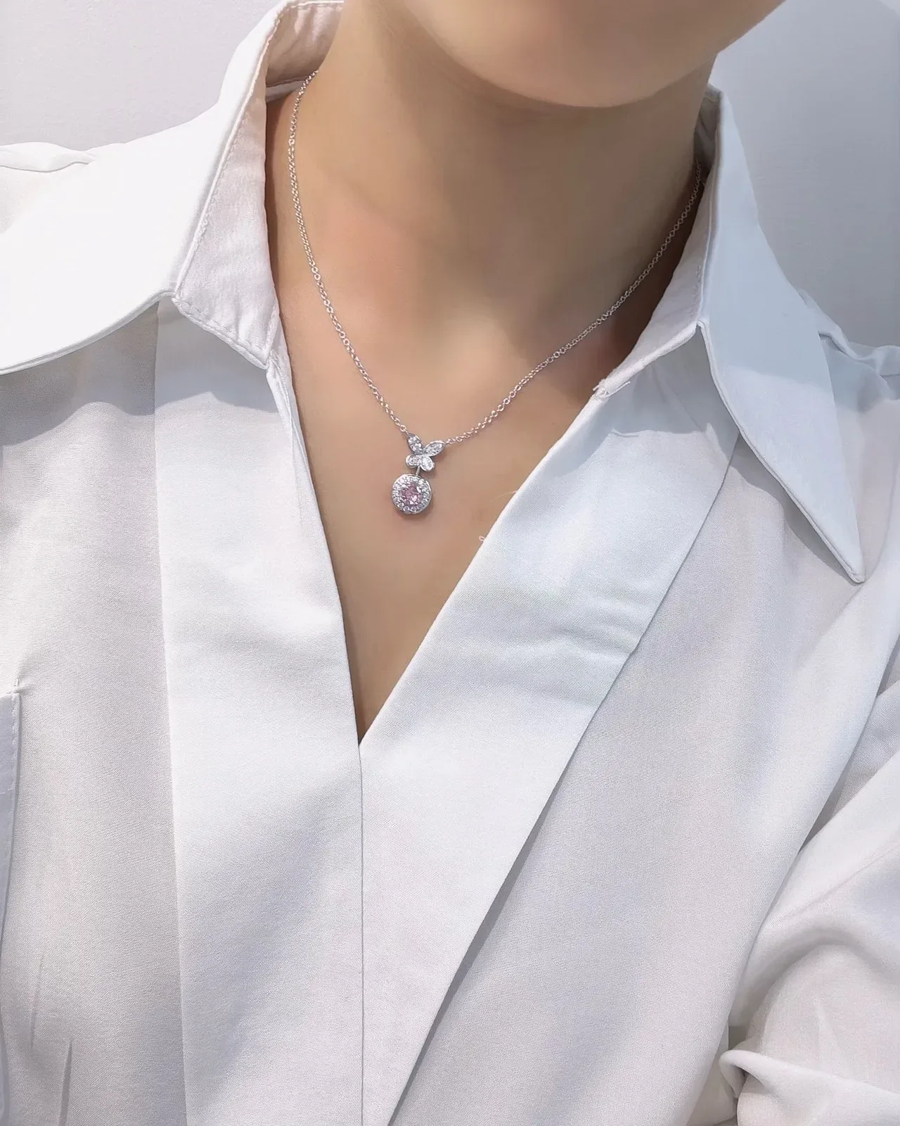 Butterfly Motif Pavé Halo Round Pendant Necklaces 3