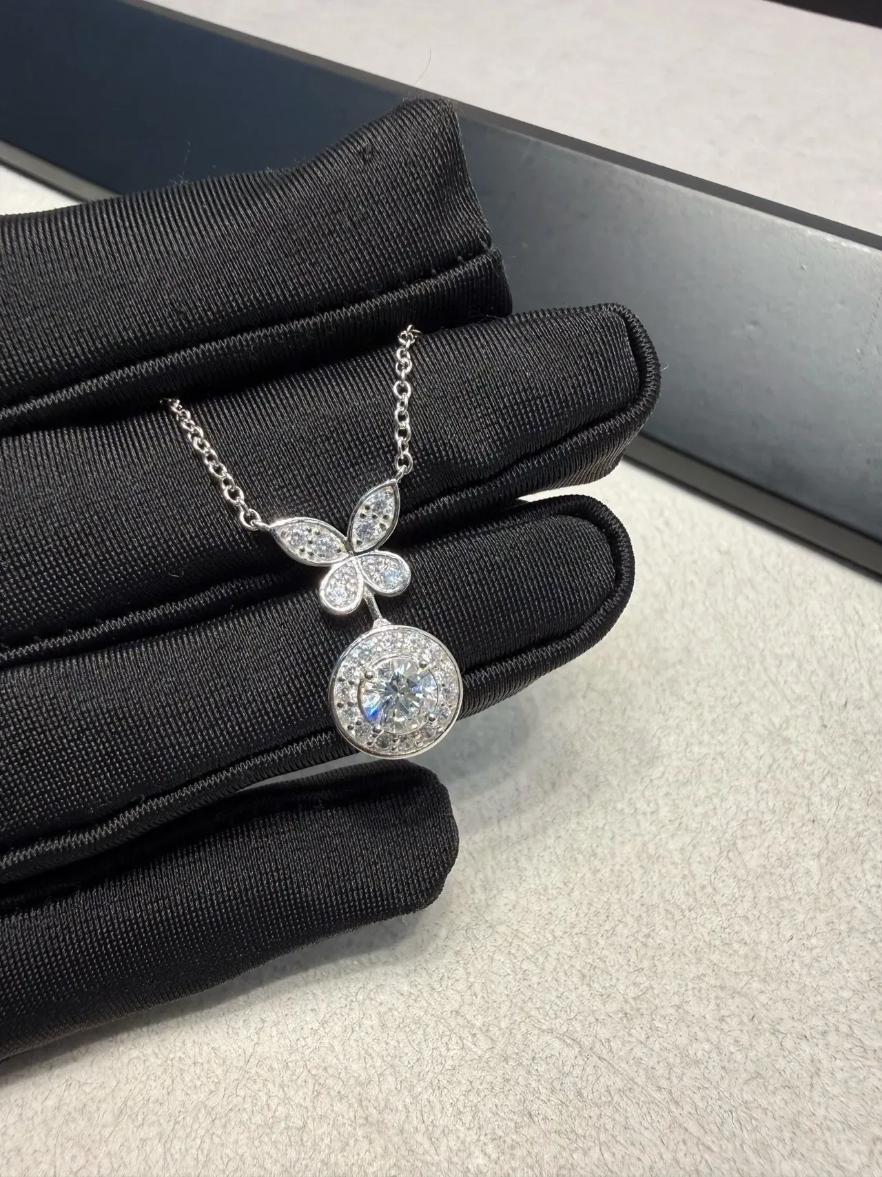 Butterfly Motif Pavé Halo Round Pendant Necklaces 6
