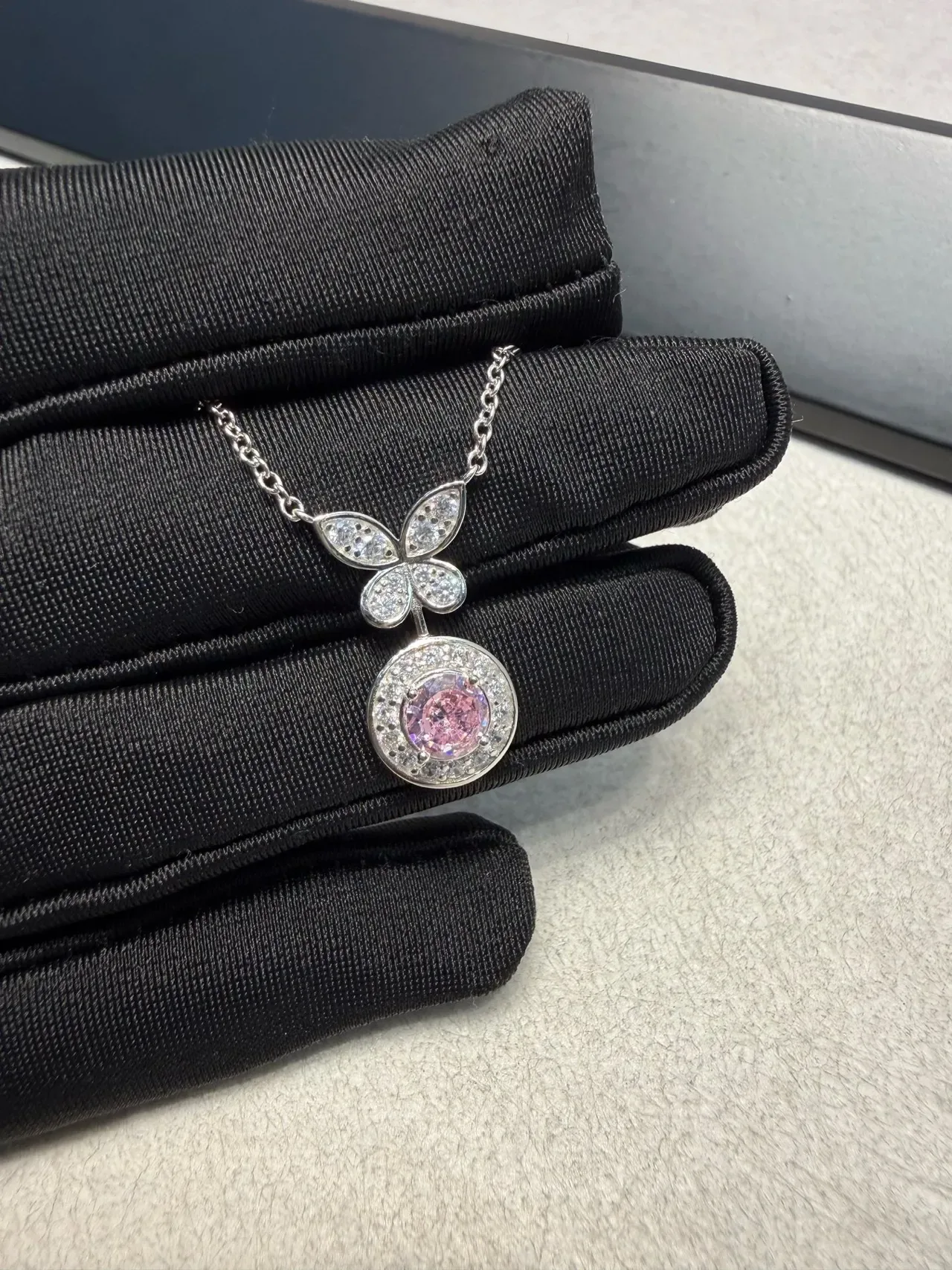 Butterfly Motif Pavé Halo Round Pendant Necklaces 7