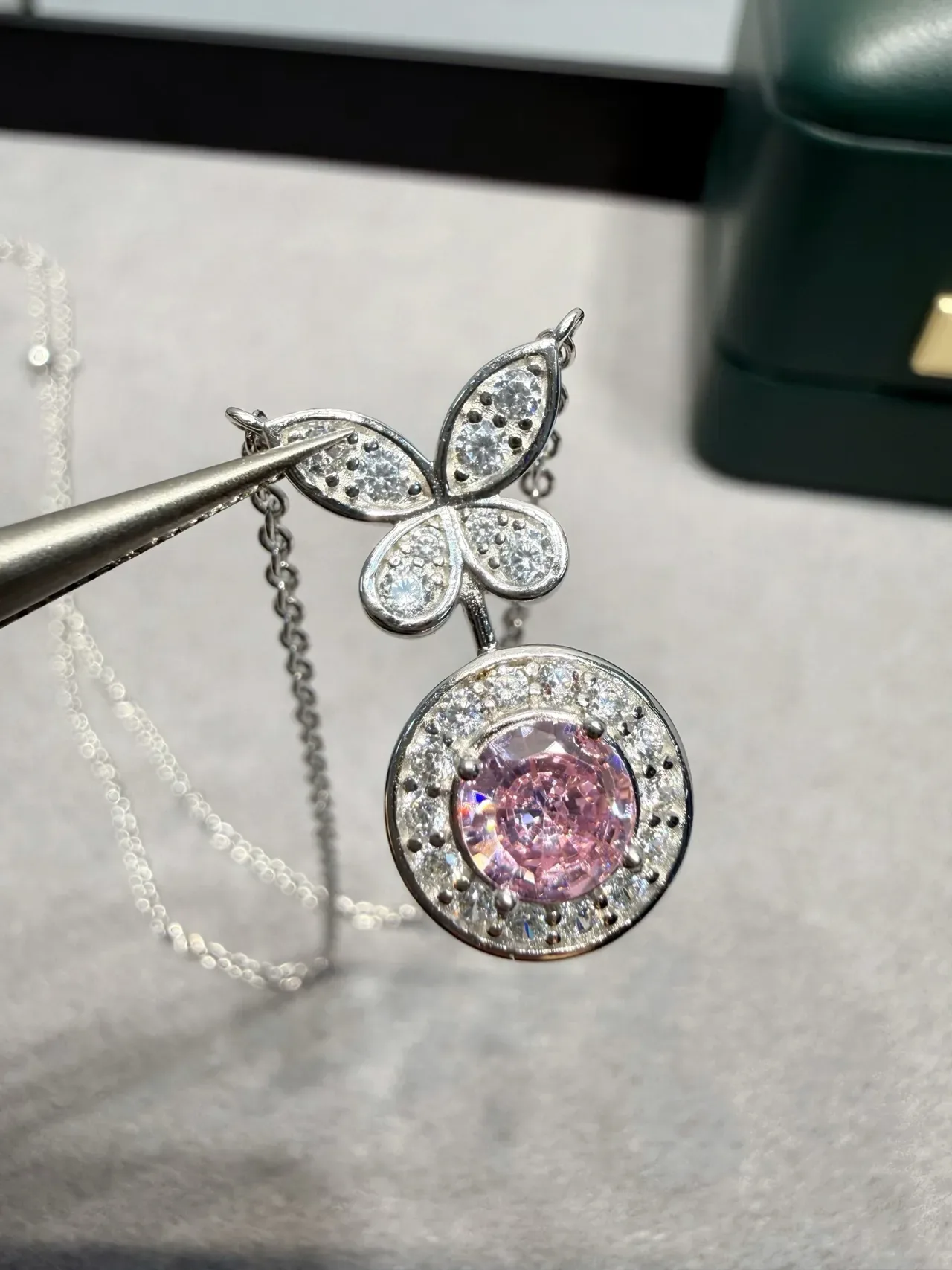 Butterfly Motif Pavé Halo Round Pendant Necklaces 9