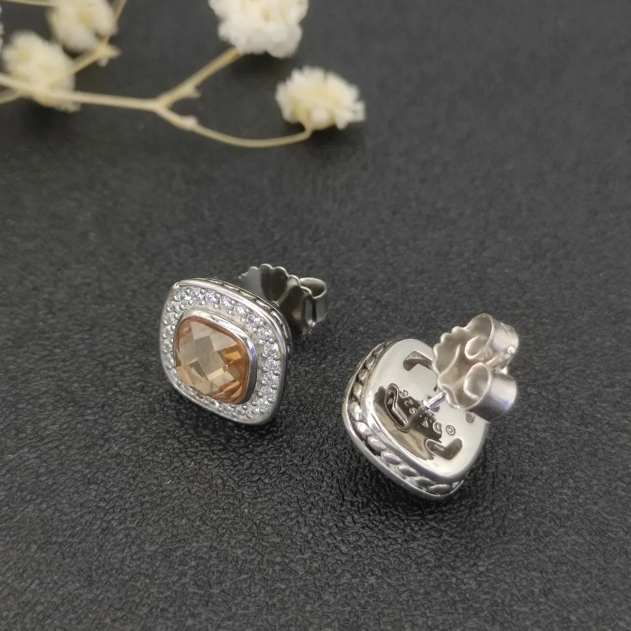 Cushion-Cut Peach Gemstone Pavé Halo Stud Earrings 3