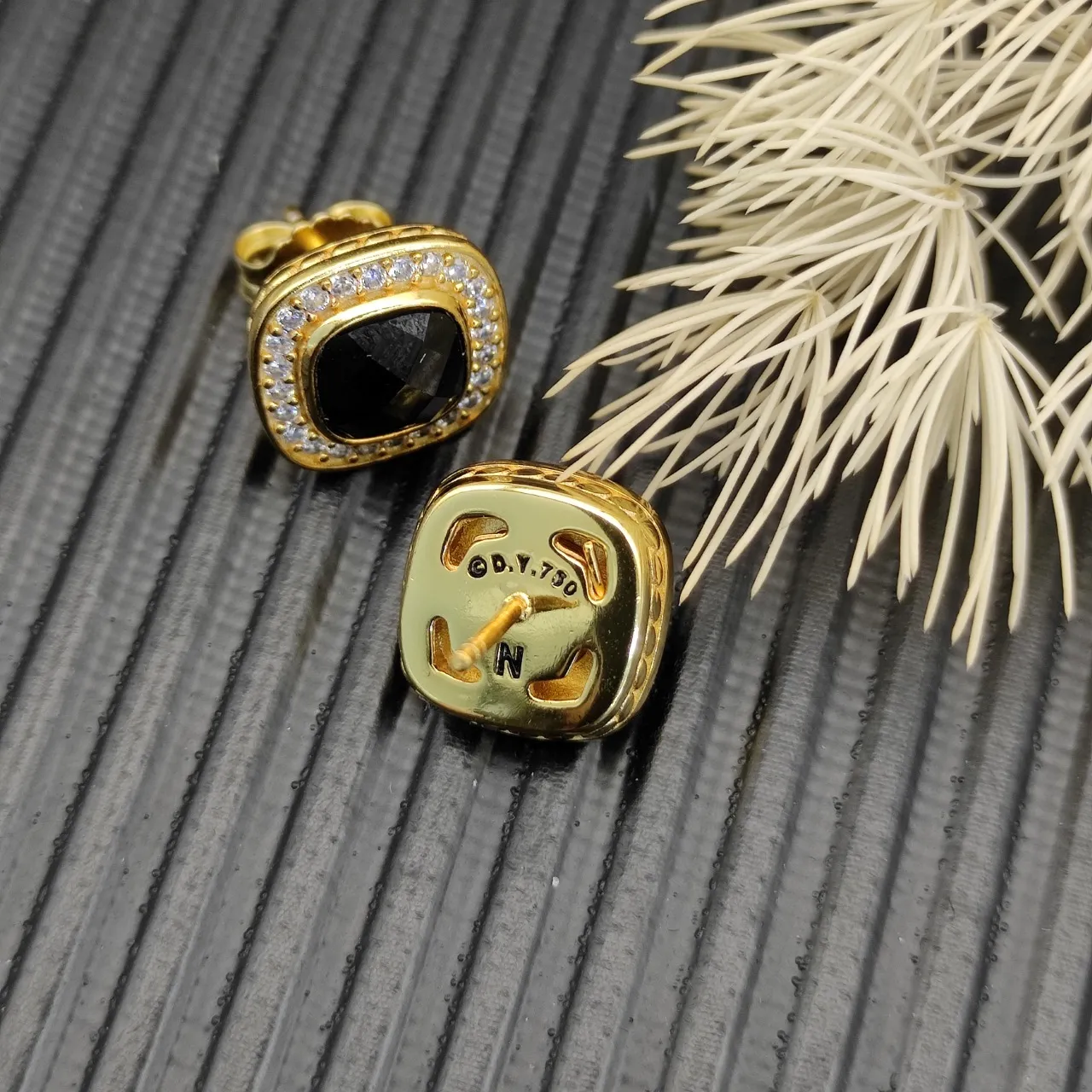 David Yurman Albion Gold Black Cushion-Cut Stone Pavé Diamond Halo Earrings 7