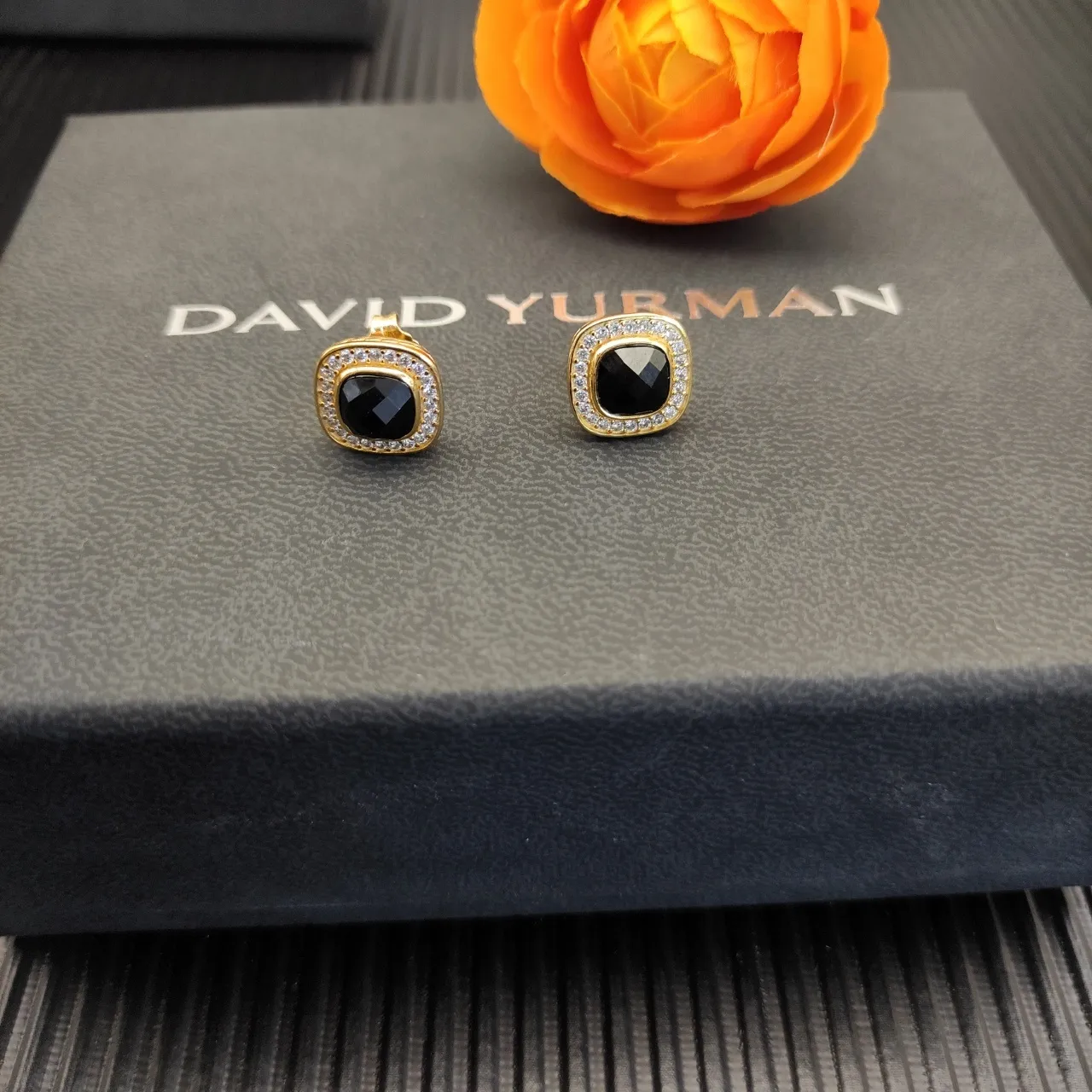 David Yurman Albion Gold Black Cushion-Cut Stone Pavé Diamond Halo Earrings 8