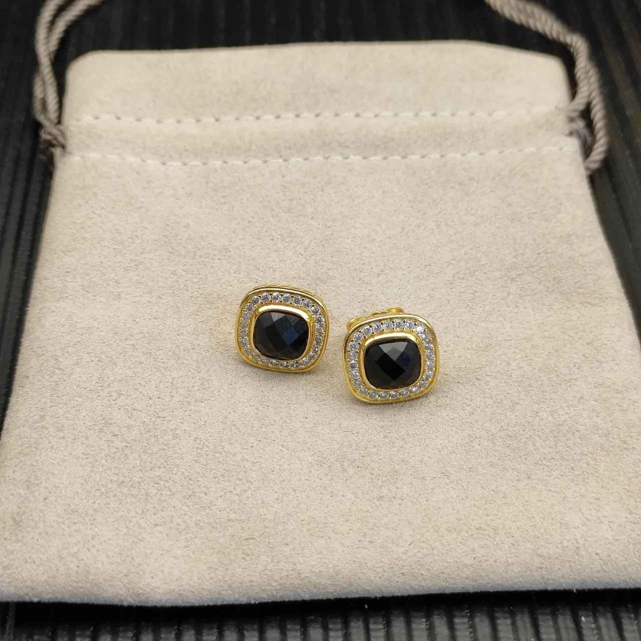 David Yurman Albion Gold Black Cushion-Cut Stone Pavé Diamond Halo Earrings 9