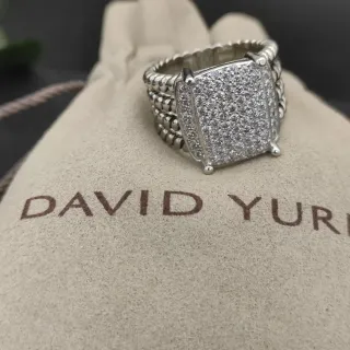 David Yurman Albion Pavé Silver White Square Face Multi-Row Beaded Cable Band Ring