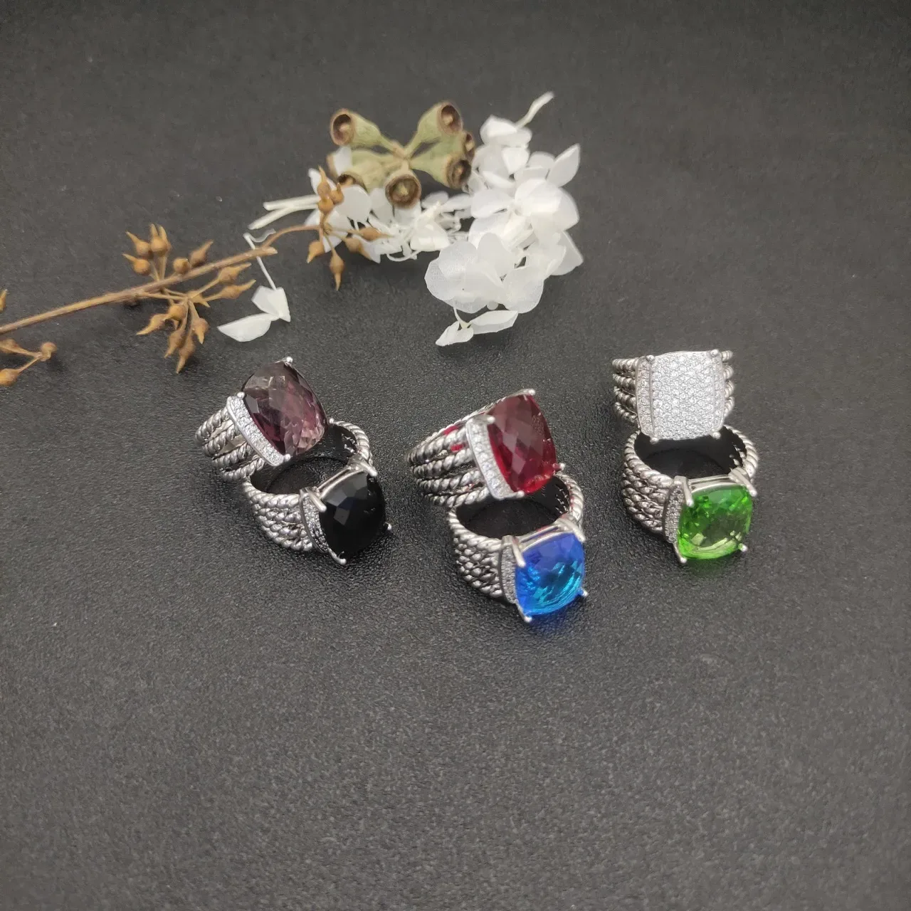 David Yurman Albion Pavé Silver White Square Face Multi-Row Beaded Cable Band Ring 4