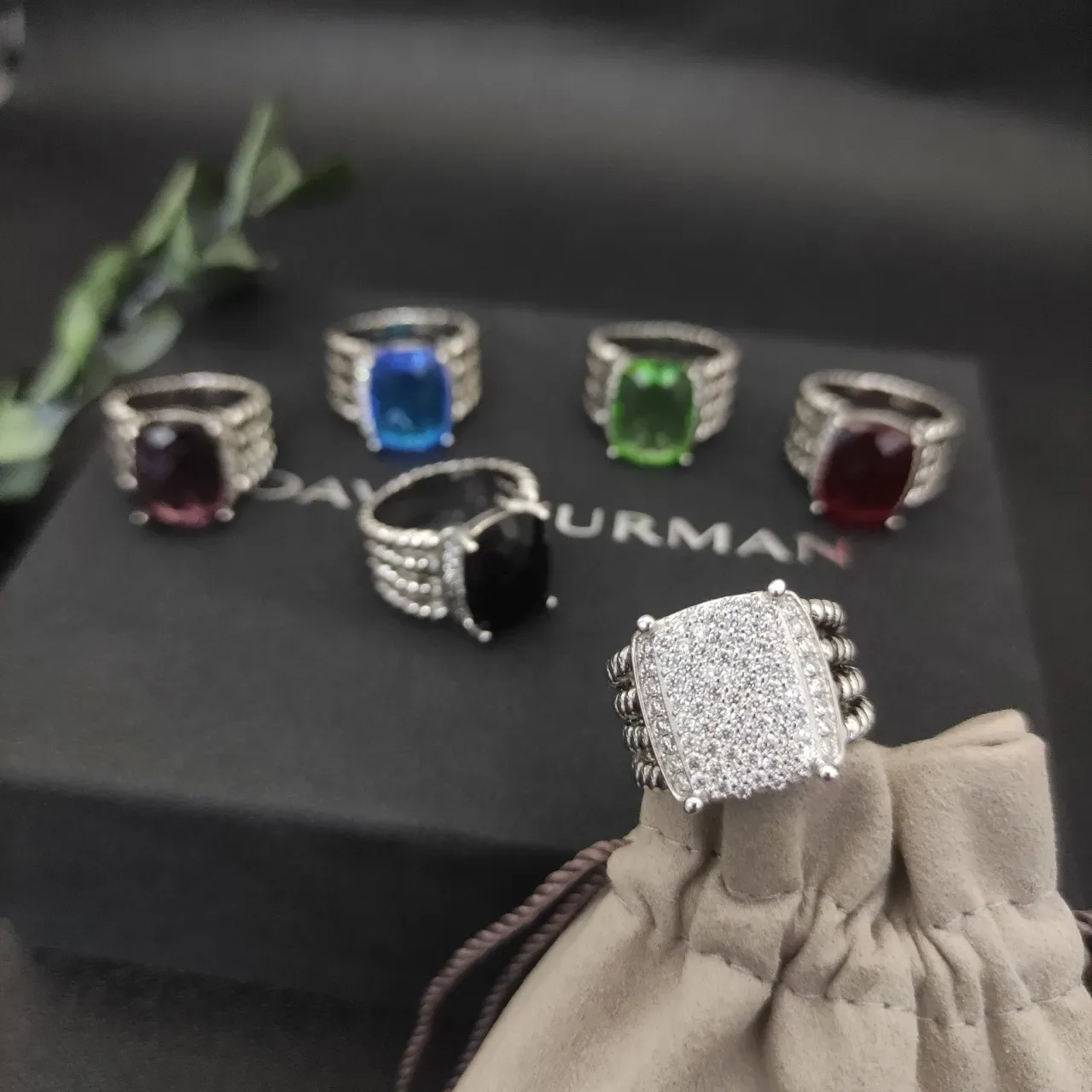 David Yurman Albion Pavé Silver White Square Face Multi-Row Beaded Cable Band Ring 6