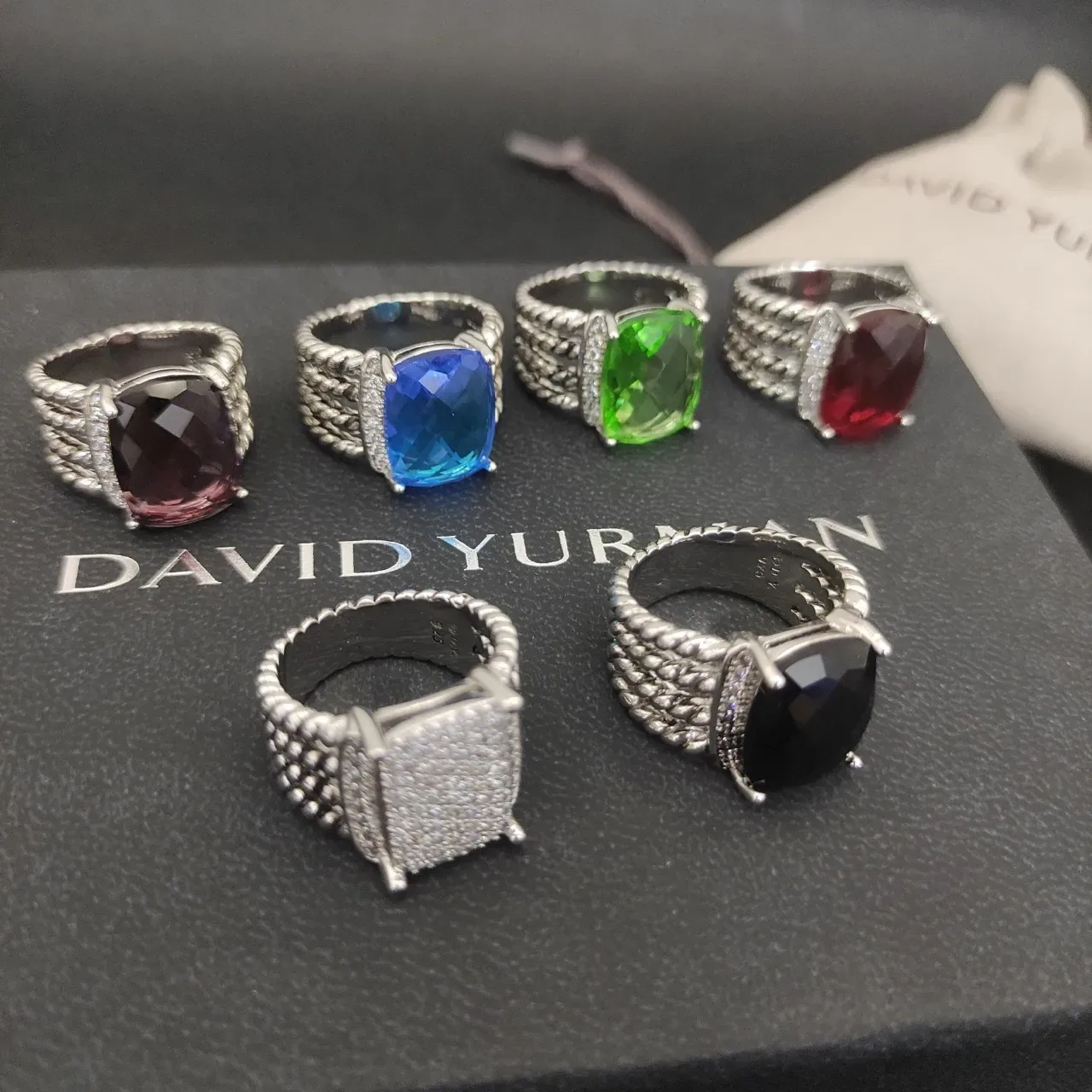 David Yurman Albion Pavé Silver White Square Face Multi-Row Beaded Cable Band Ring 7