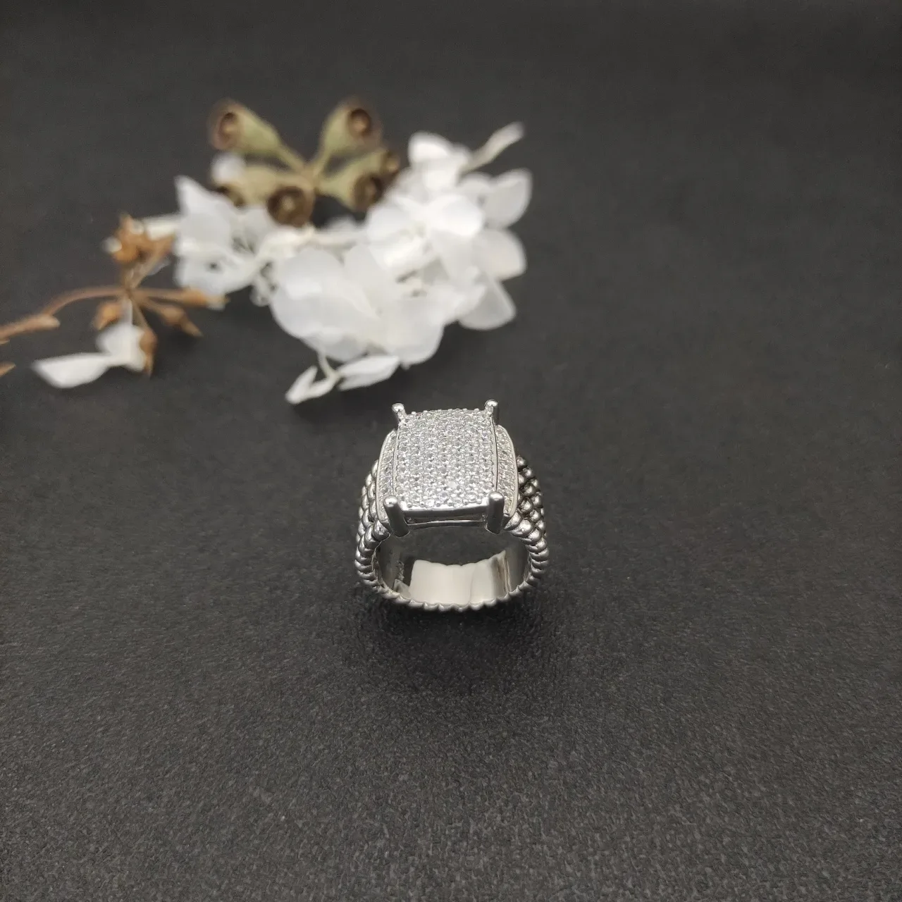 David Yurman Albion Pavé Silver White Square Face Multi-Row Beaded Cable Band Ring 8