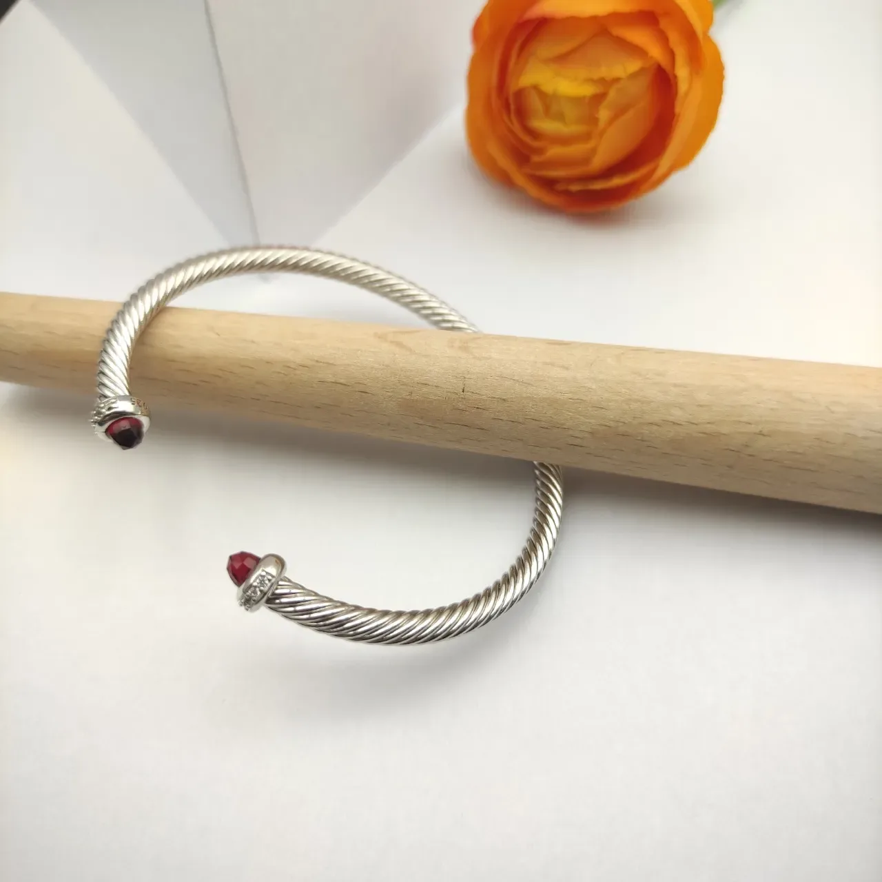 David Yurman Cable Classic Silver Red Twisted Gemstone Terminals Bracelet 4