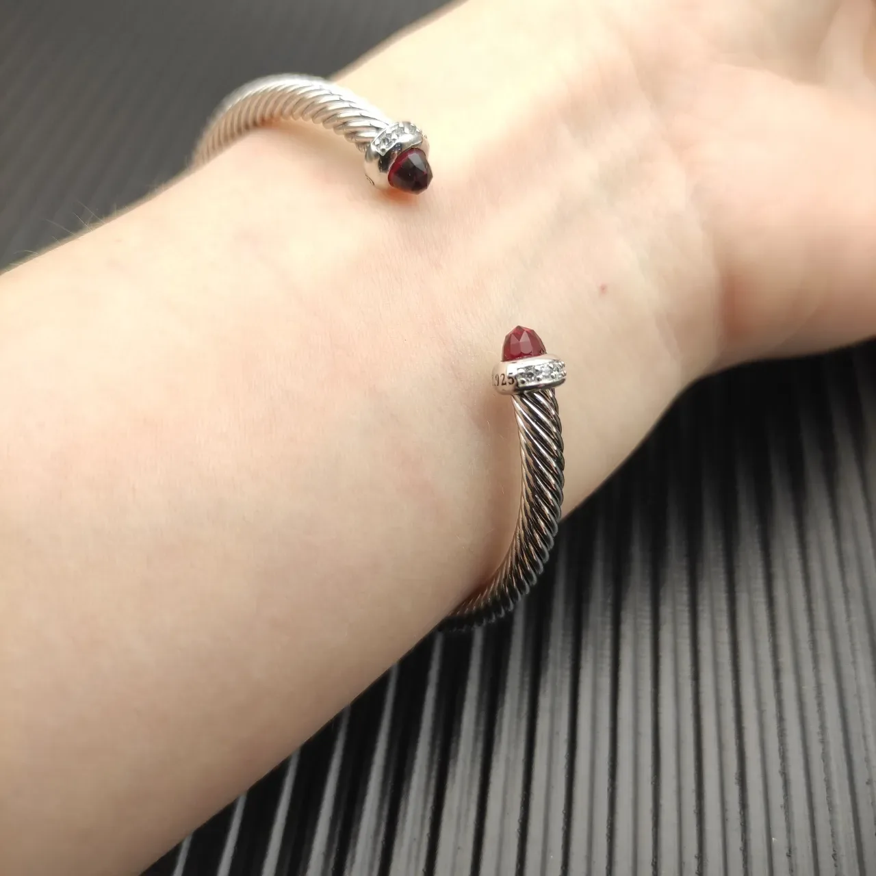 David Yurman Cable Classic Silver Red Twisted Gemstone Terminals Bracelet 8