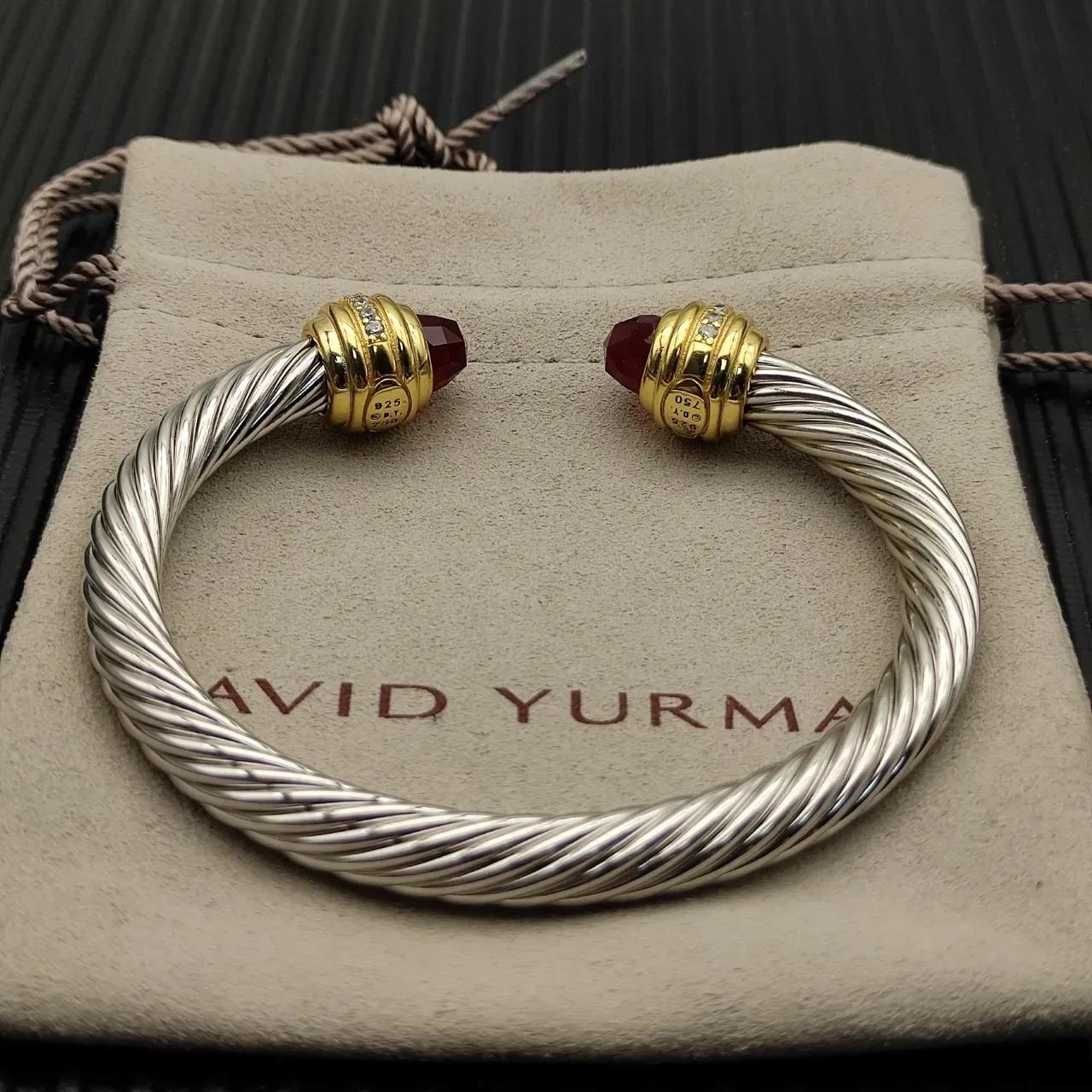 David Yurman Cable Classics Twisted Silver and Gold Garnet Bracelet 9