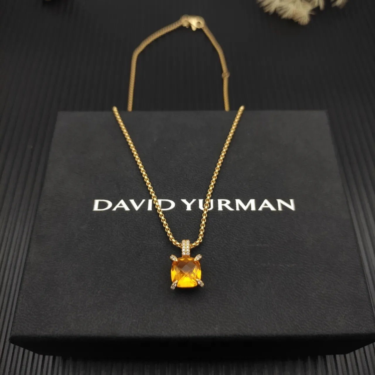David Yurman Gold Cushion-Cut Yellow Gemstone Diamond-Accent Necklace 5
