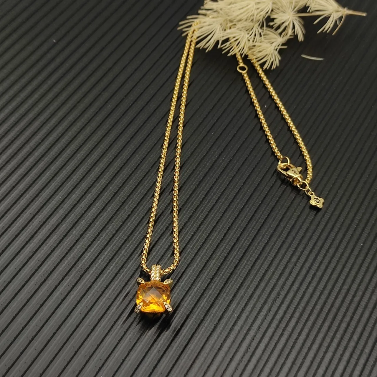 David Yurman Gold Cushion-Cut Yellow Gemstone Diamond-Accent Necklace 6