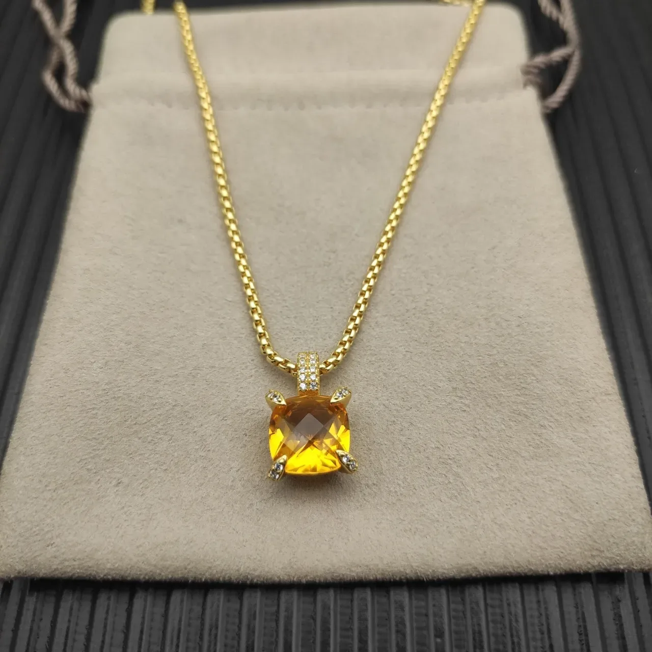 David Yurman Gold Cushion-Cut Yellow Gemstone Diamond-Accent Necklace 9