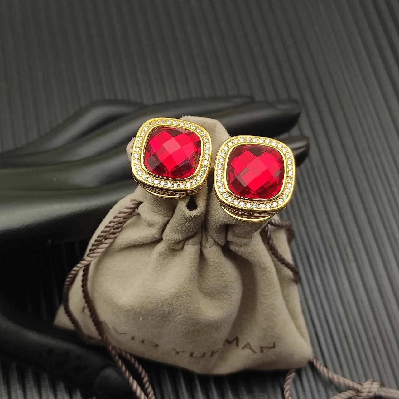 David Yurman Gold-Tone Cushion-Cut Red Gemstone Pavé Halo Clip-On Earrings 6