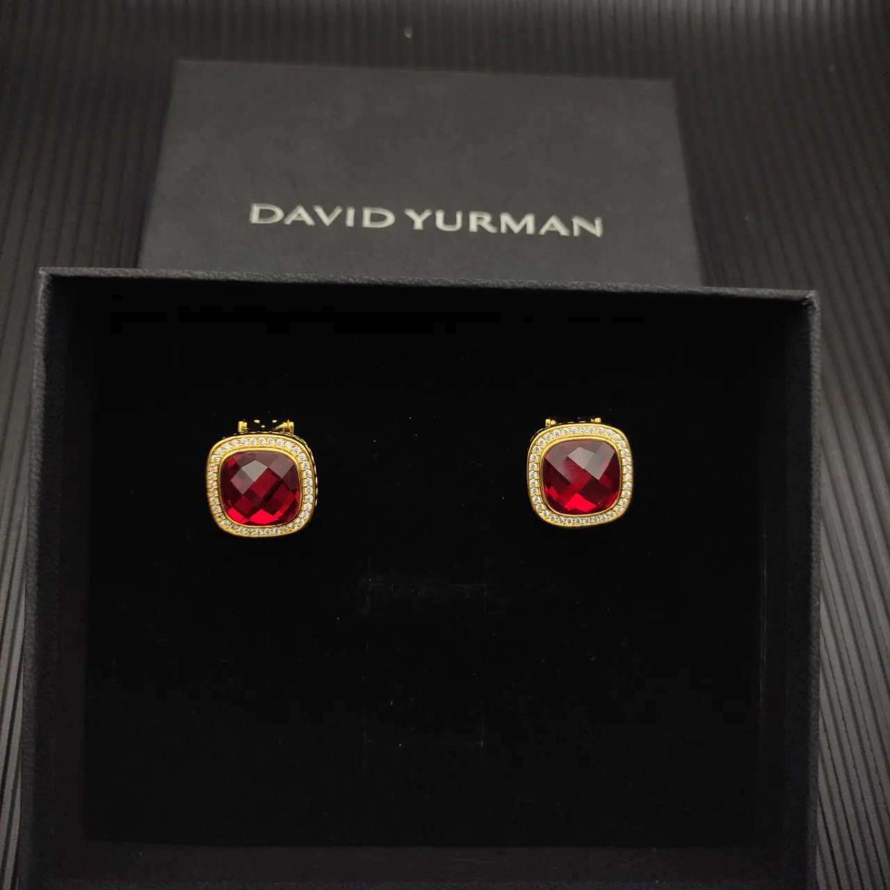 David Yurman Gold-Tone Cushion-Cut Red Gemstone Pavé Halo Clip-On Earrings 7