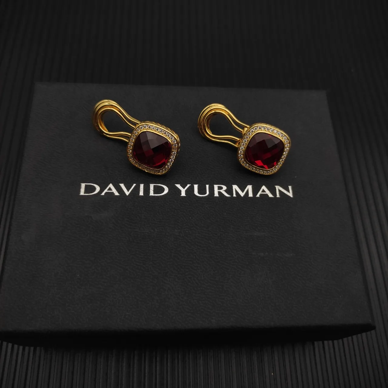 David Yurman Gold-Tone Cushion-Cut Red Gemstone Pavé Halo Clip-On Earrings 8