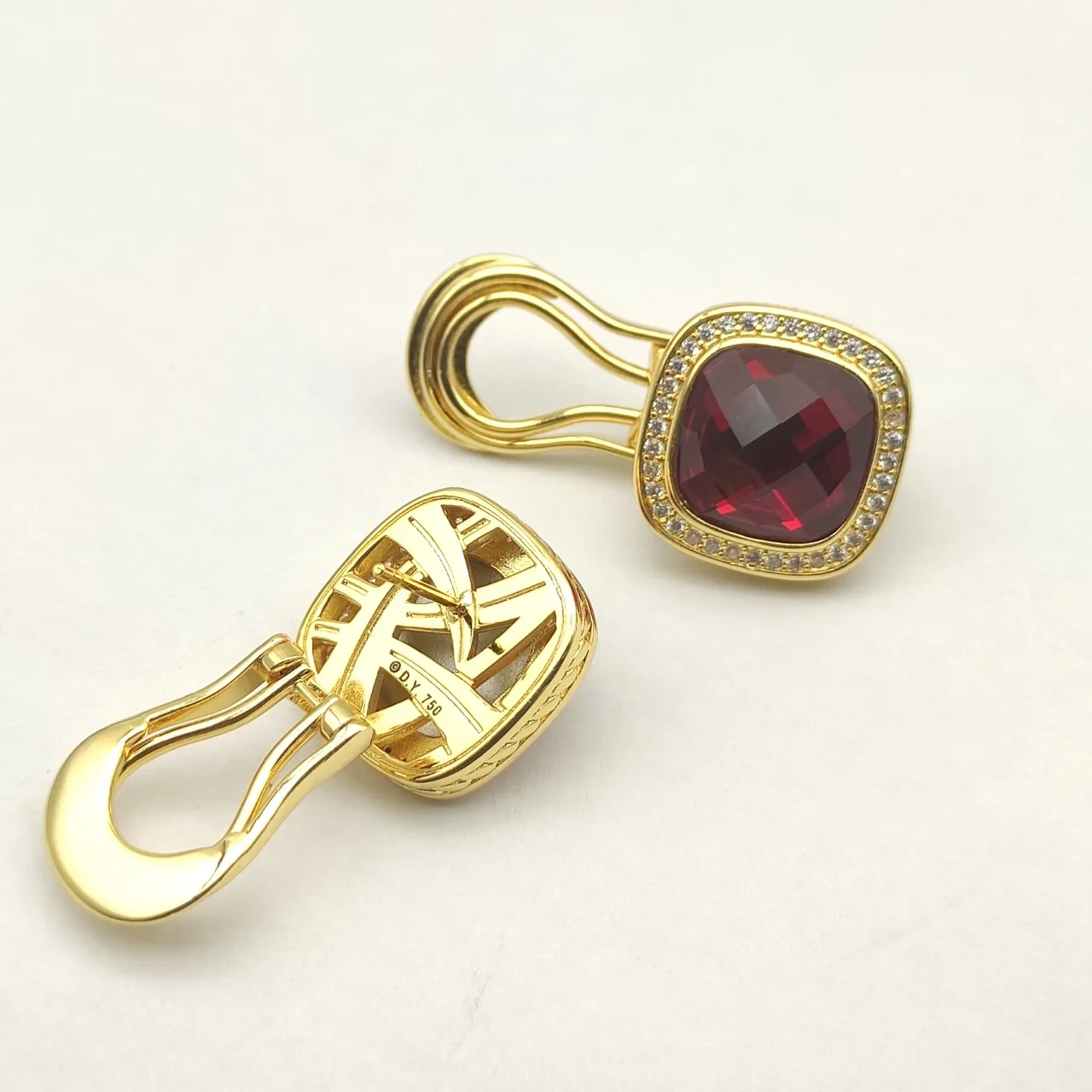 David Yurman Gold-Tone Cushion-Cut Red Gemstone Pavé Halo Clip-On Earrings 10