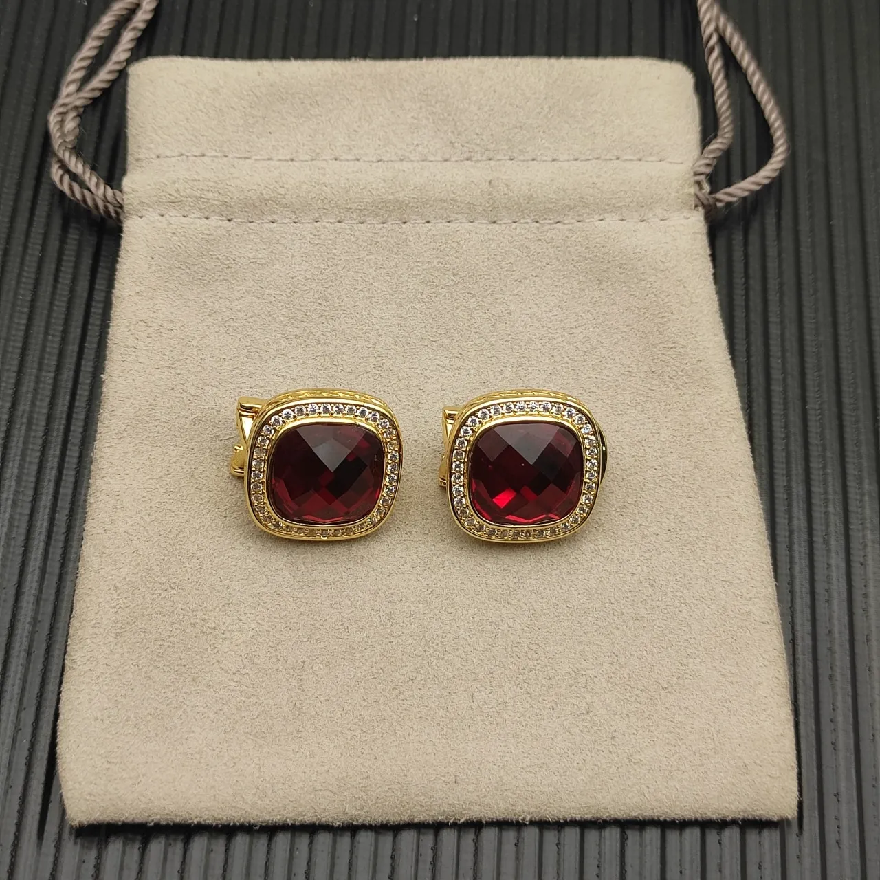 David Yurman Gold-Tone Cushion-Cut Red Gemstone Pavé Halo Clip-On Earrings 11