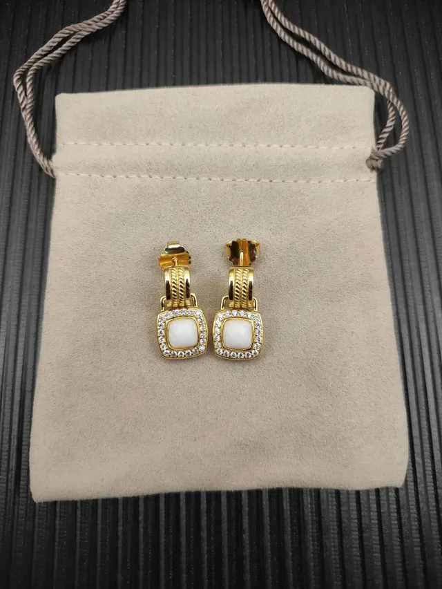 David Yurman Gold White Square Cabochon Earrings 9