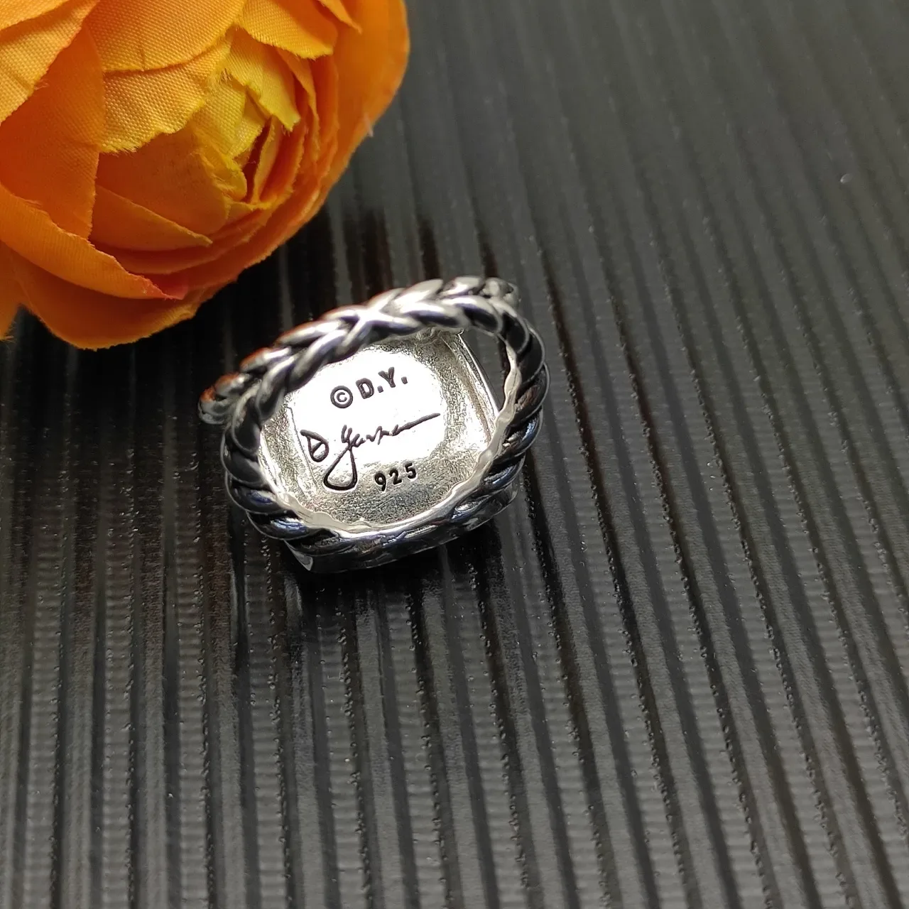 David Yurman Silver Beige Twisted Cable Band Cushion-Cut Stone Ring 4