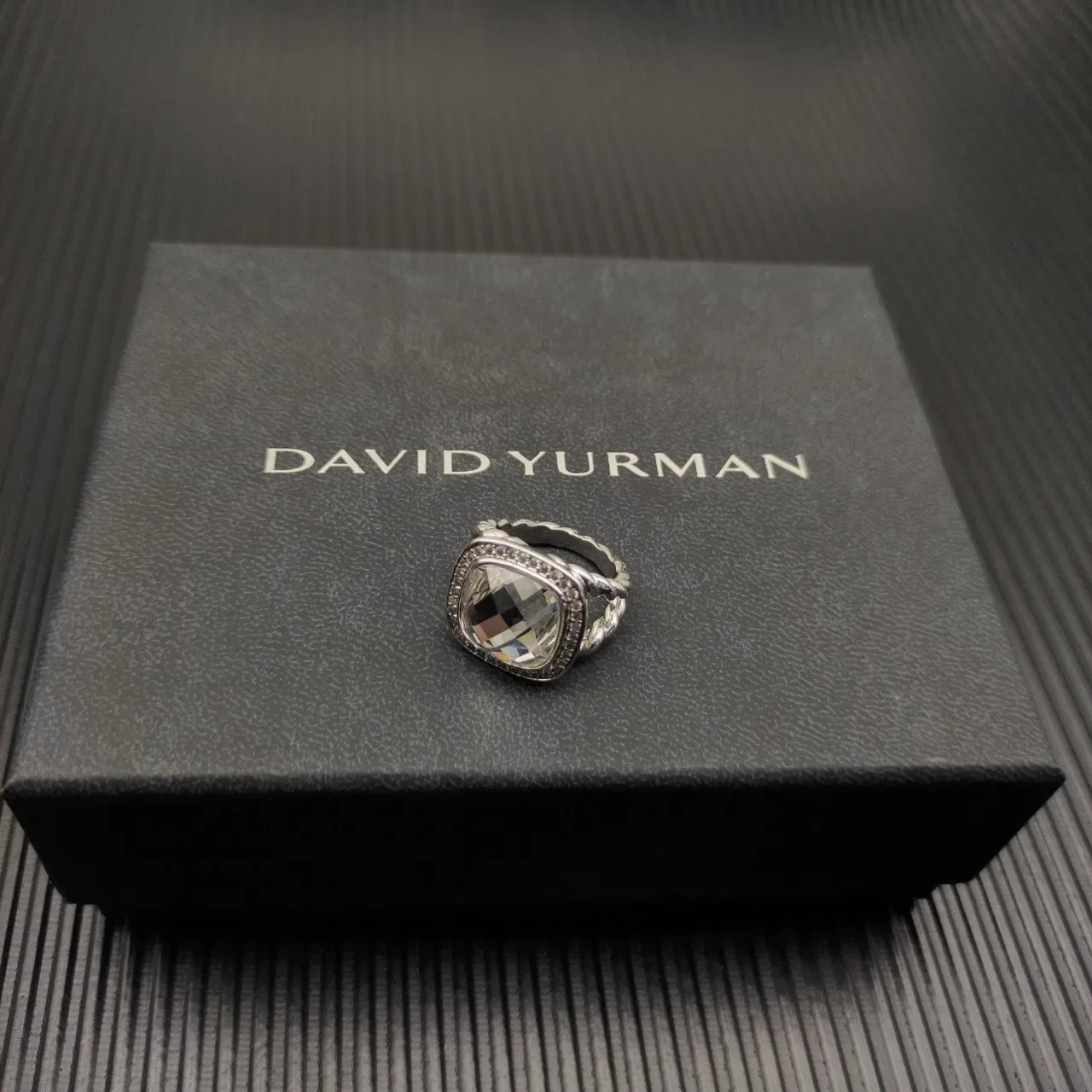 David Yurman Silver Beige Twisted Cable Band Cushion-Cut Stone Ring 5