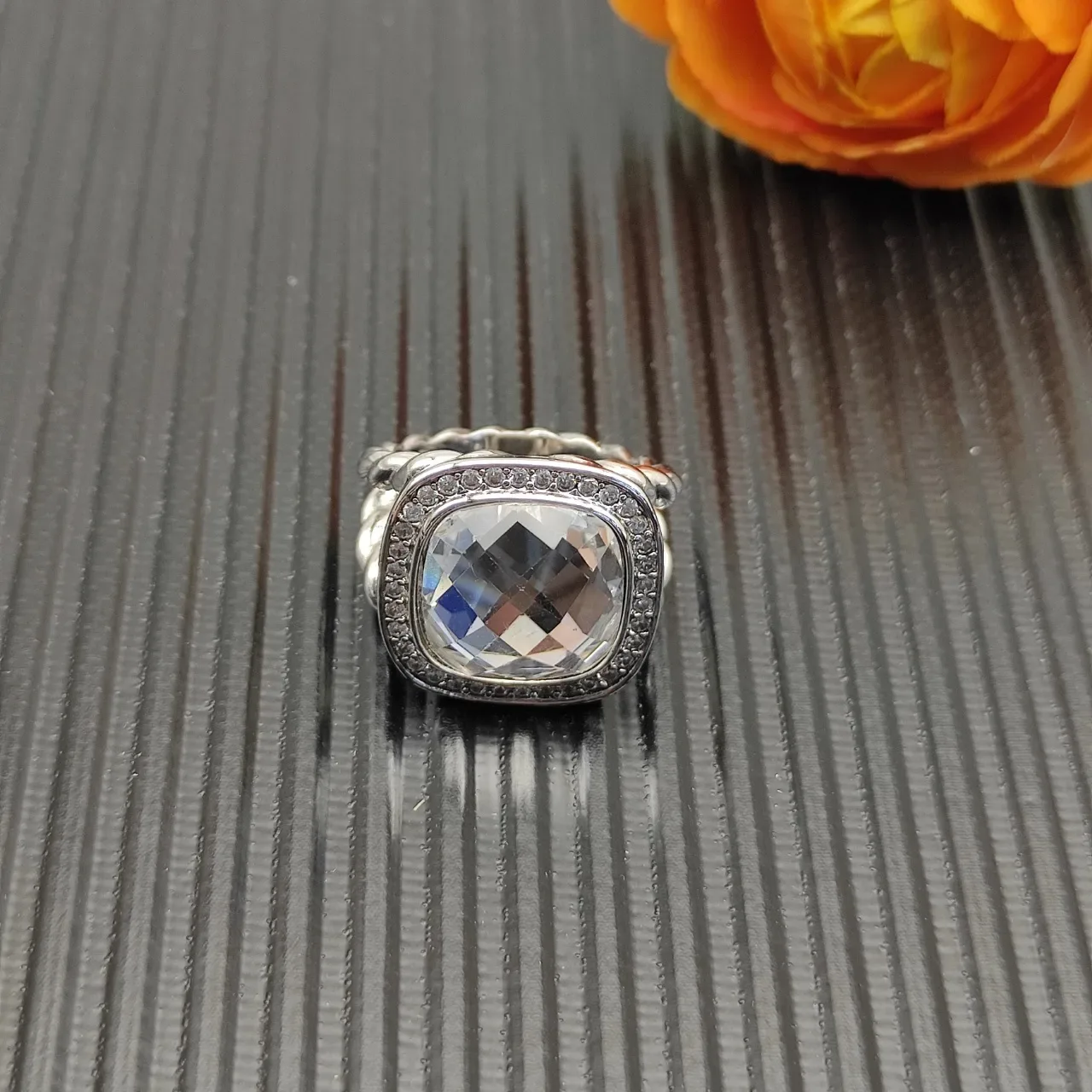 David Yurman Silver Beige Twisted Cable Band Cushion-Cut Stone Ring 7