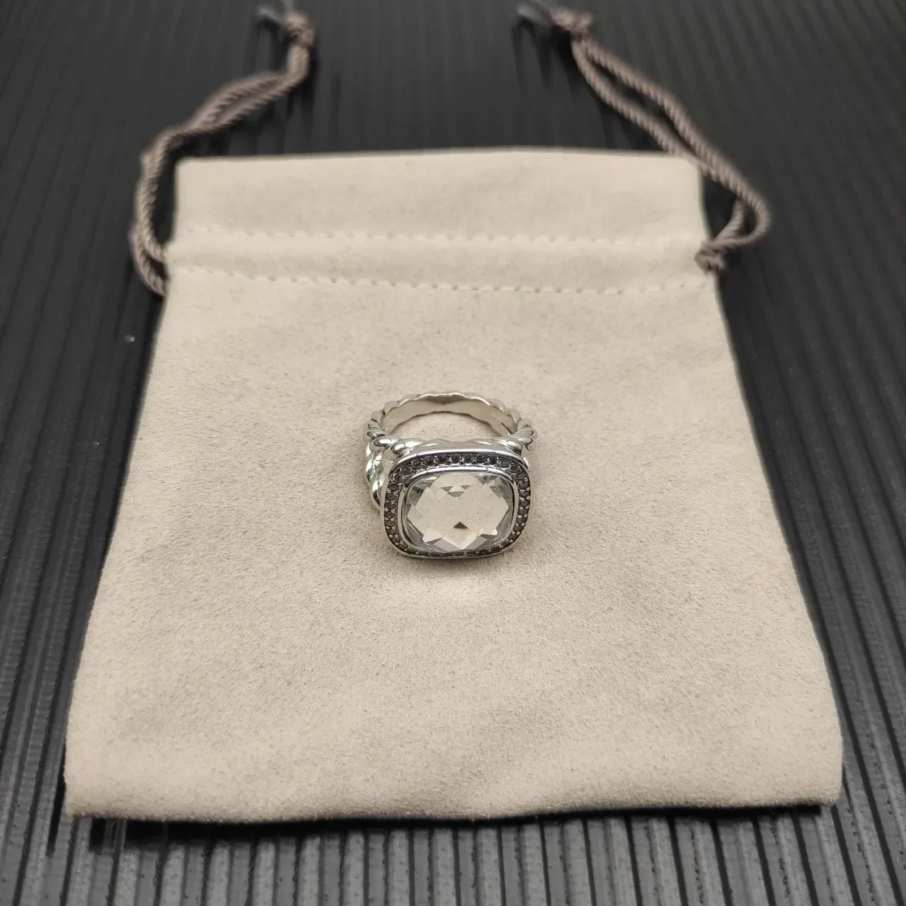 David Yurman Silver Beige Twisted Cable Band Cushion-Cut Stone Ring 9