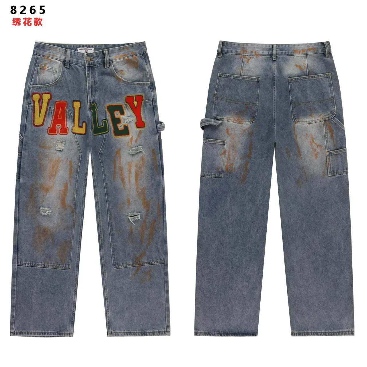 Distressed Cargo-Pocket Embroidered Logo Wide-Leg Jeans 3