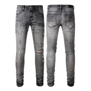 Distressed Graffiti-Print Washed Gray Slim-Fit Jeans